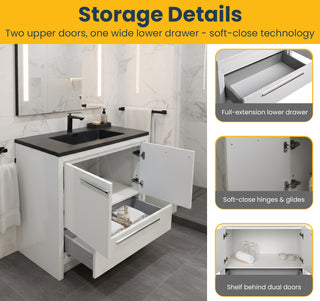 36" Glossy White Freestanding Bathroom Vanity with Black Engineered Quartz Countertop