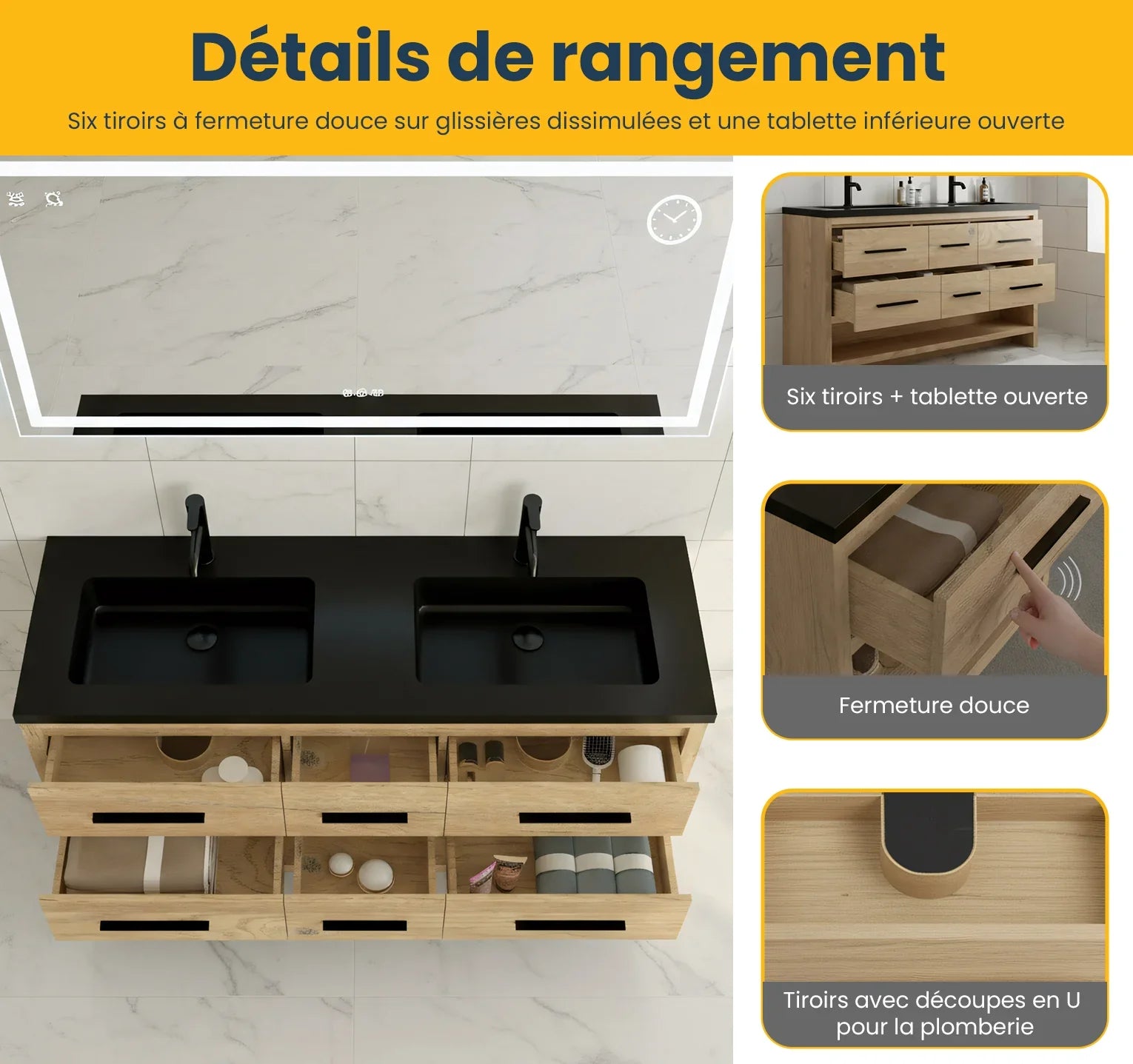 60" Rough Oak Freestanding Double Sink Bathroom Vanity with Black Engineered Quartz Countertop