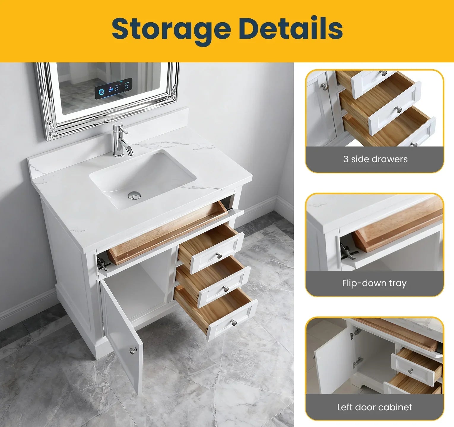 Meuble-lavabo de salle de bain autoportant blanc 36" avec Comptoir en marbre Calcutta reconstitué