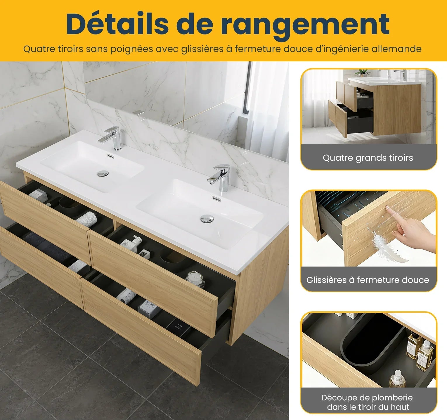 Meuble Lavabo Mural 60 pouces Noyer Couchant Double Vasque avec Comptoir Polymarbre Blanc