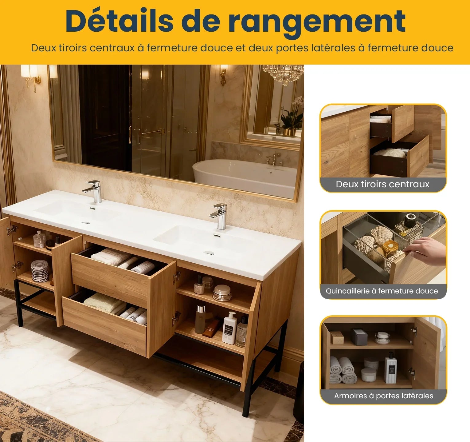 72" Rough Oak Wall Mount Double Sink Bathroom Vanity with White Polymarble Countertop