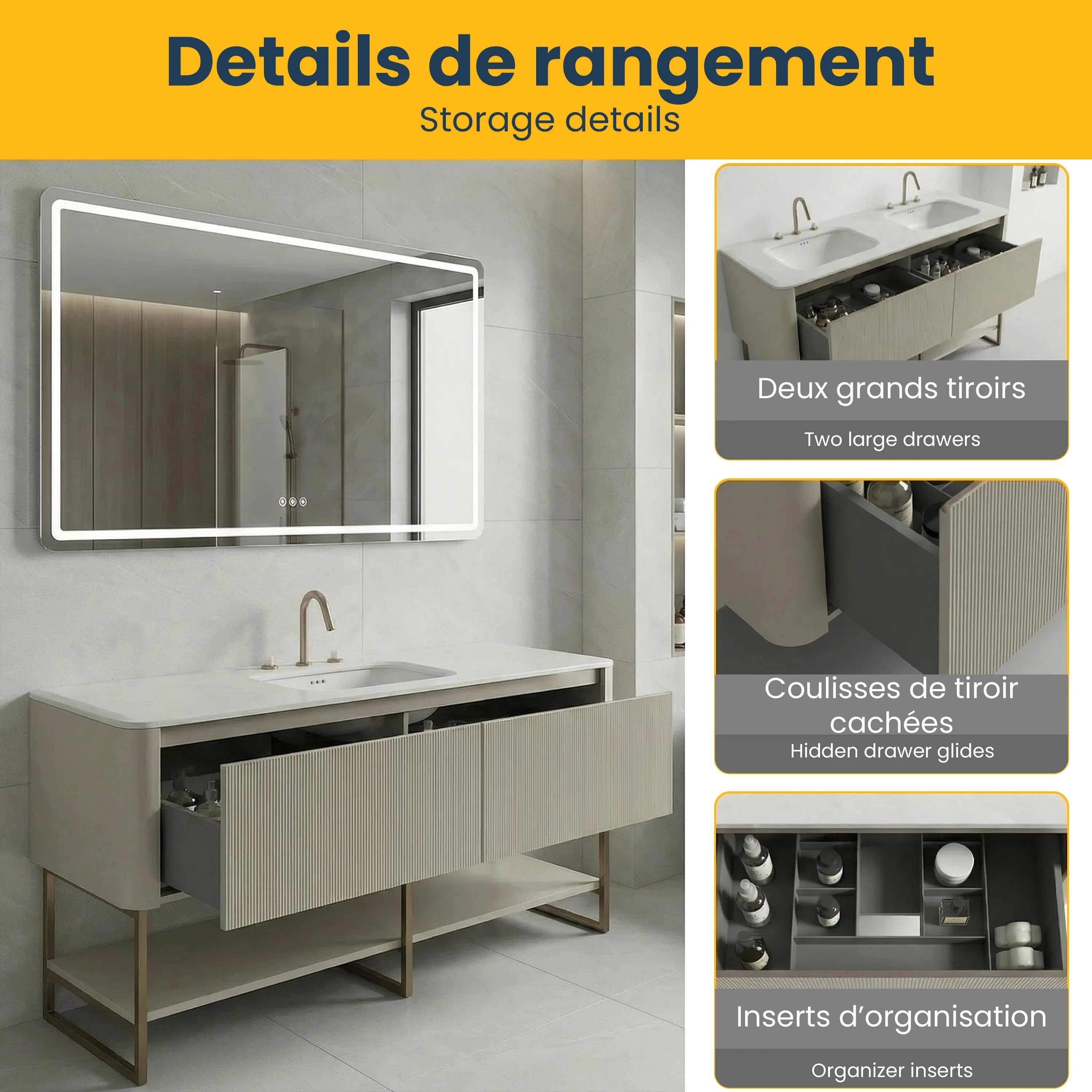 63" Latte Wall Hung LED Vanity with Kari Ice Jade Marble Countertop with Double Ceramic Sink and Pop-up and Brushed Gold Metal Frame and Latte Shelves