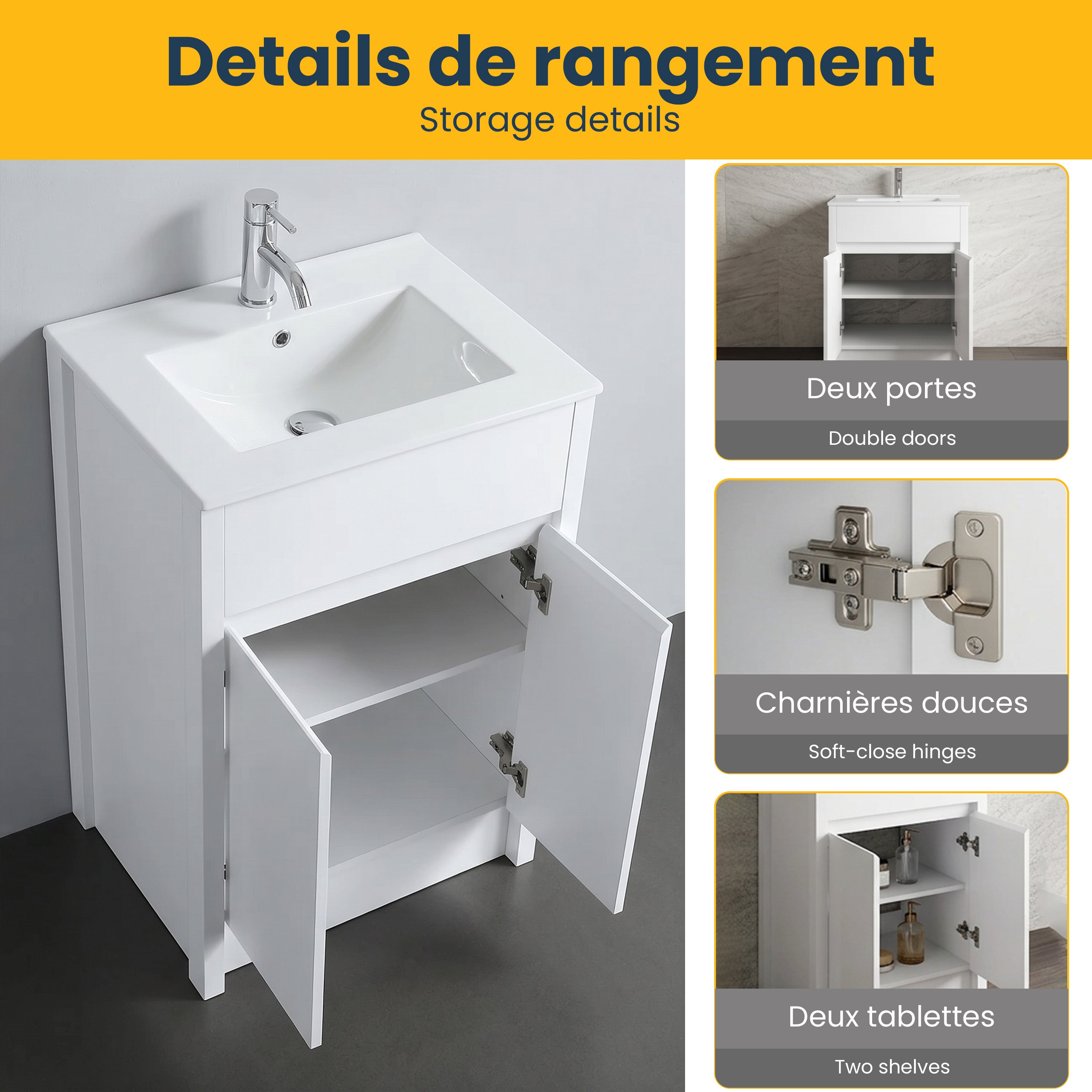 Meuble-Lavabo Autoportant 24po Chêne Blanc avec Comptoir de Céramique Blanc