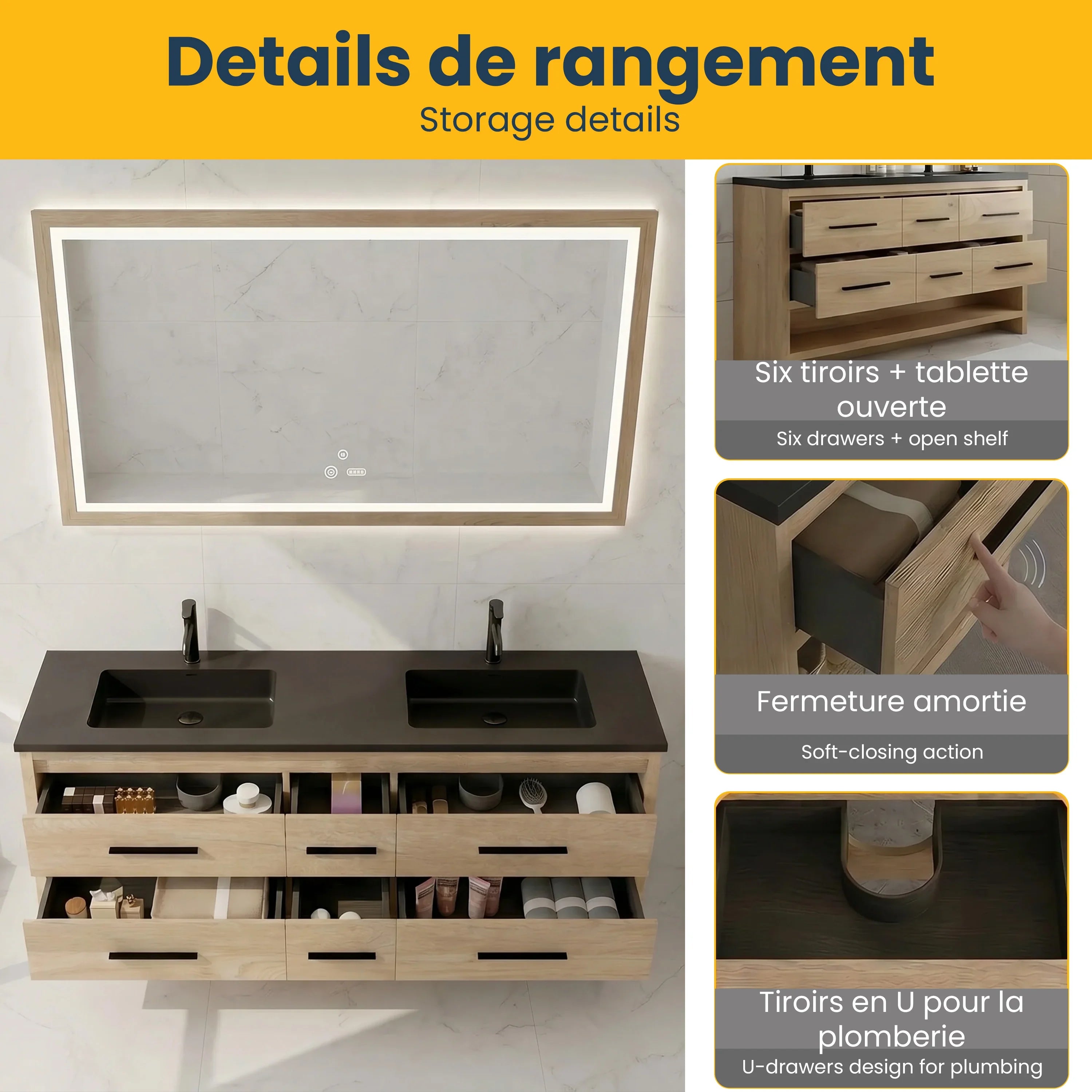 Meuble-Lavabo Autoportant 72po Chêne Brut avec Comptoir de Quartz d'ingénierie Noir