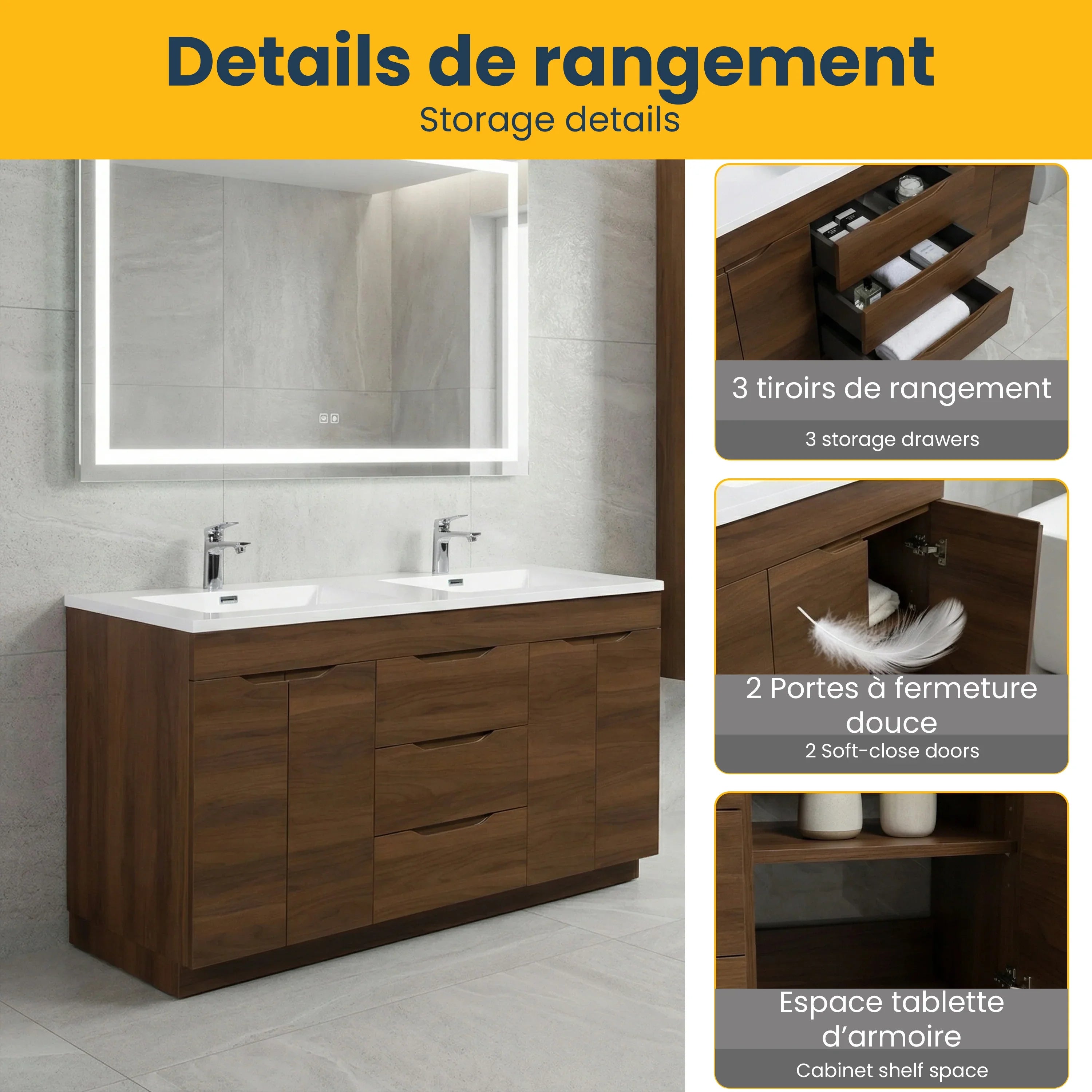 Meuble Lavabo Double Noyer 60 po avec Comptoir Polymarbre Blanc - Collection Augusta