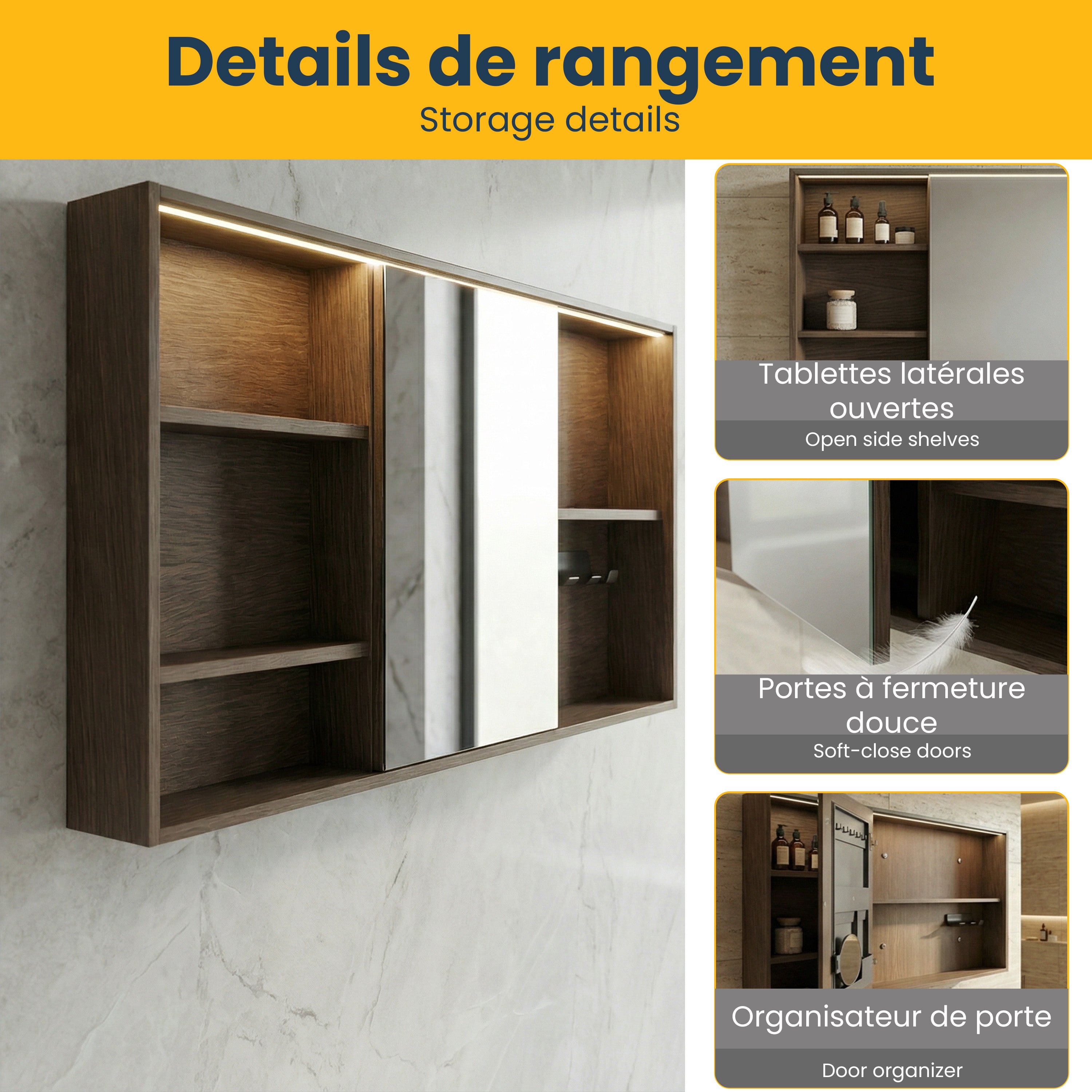 Armoire à pharmacie DEL noisette 60po avec portes à fermeture douce