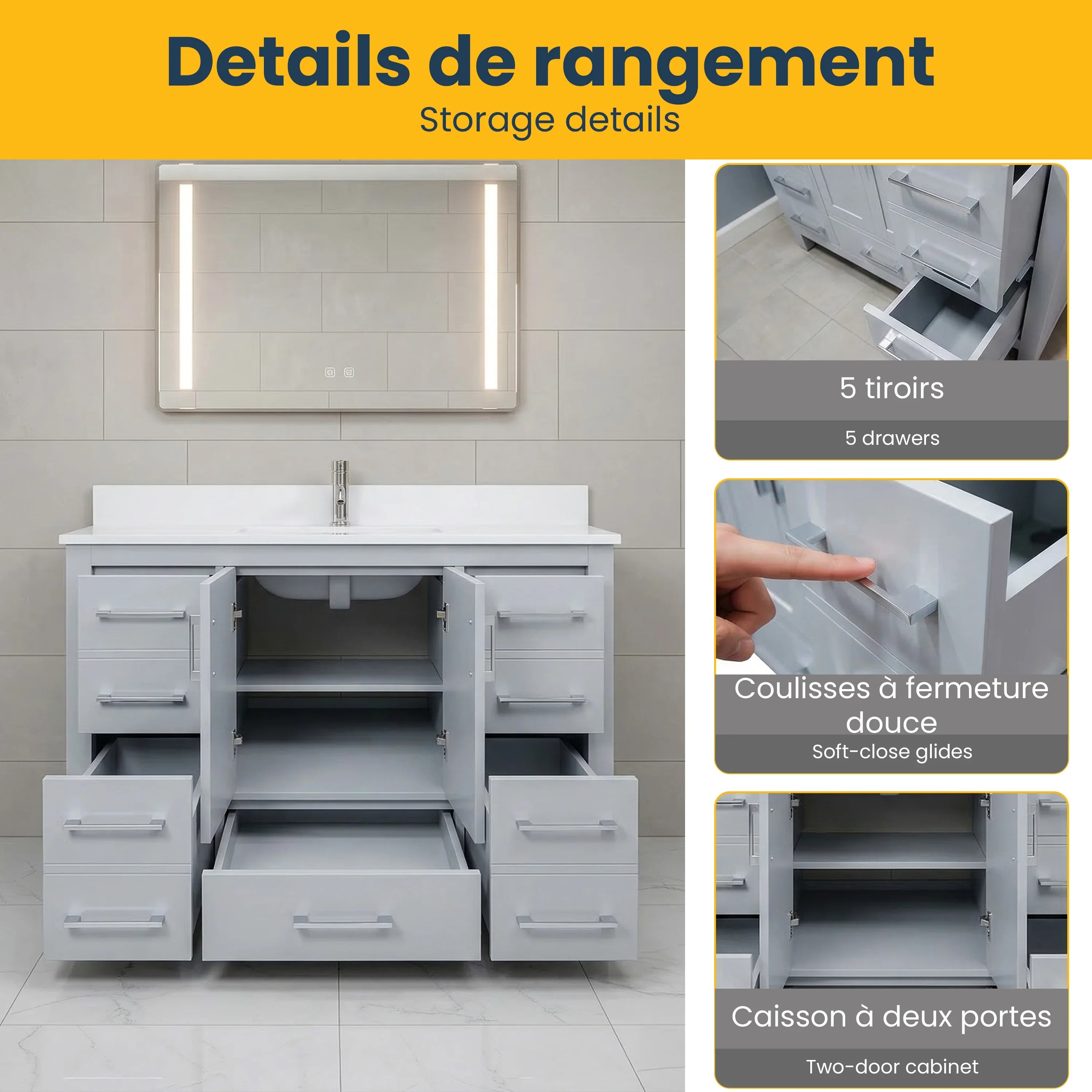 Meuble-lavabo autoportant gris Hampton 42po avec comptoir en marbre blanc reconstitué