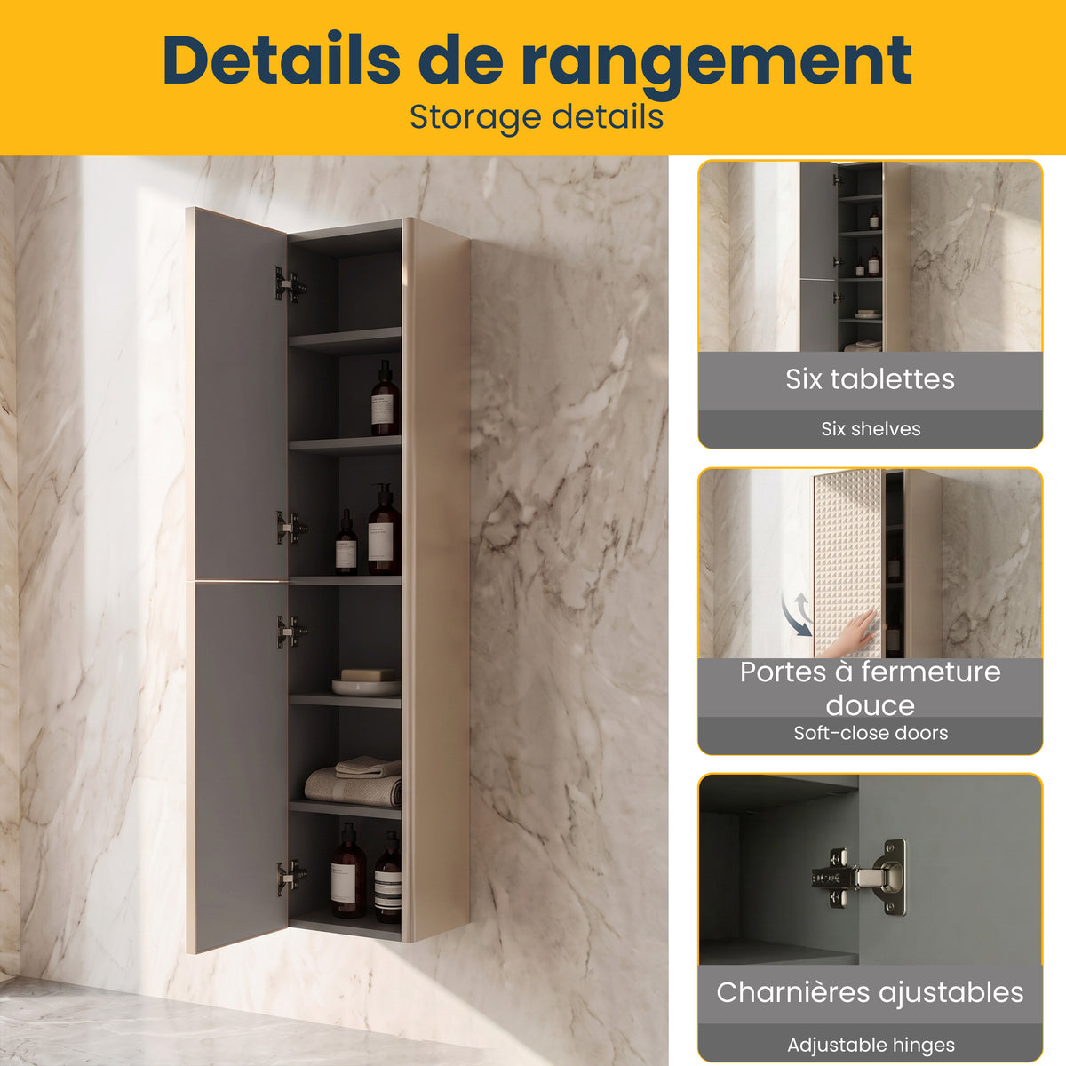 Champagne 2-Door Wall-Hung Reversible Linen Cabinet with Shelves