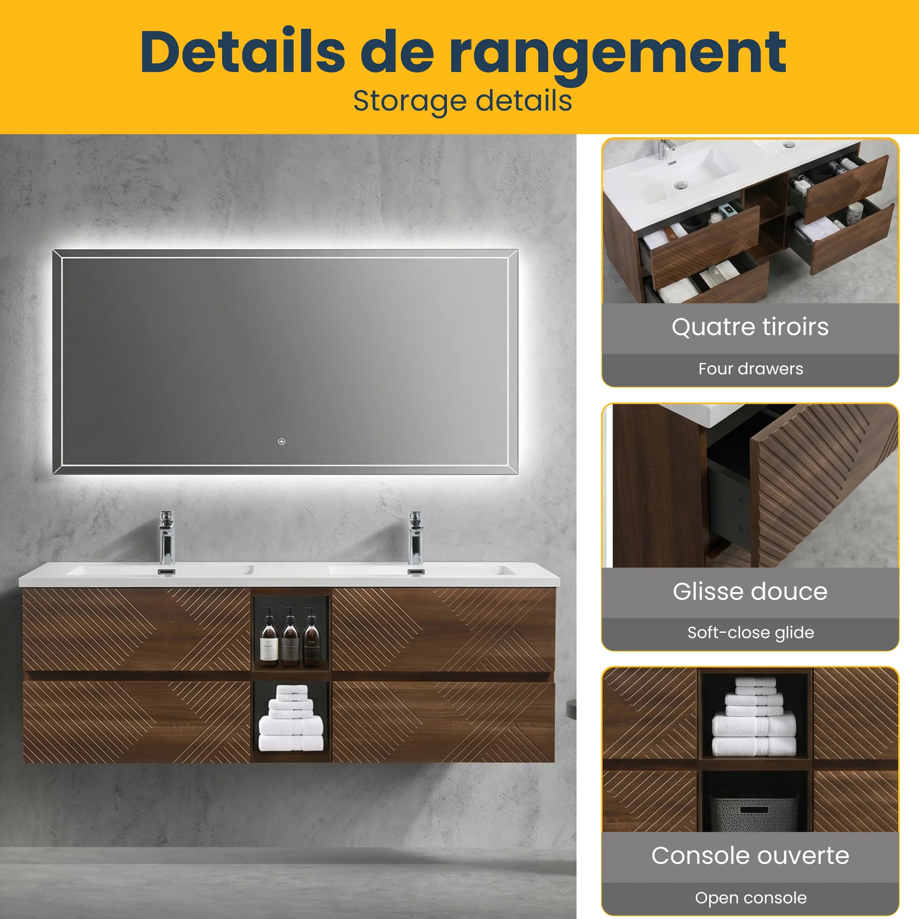 Meuble-Lavabo Mural 72po Noyer avec Comptoir de Polymarbre Blanc