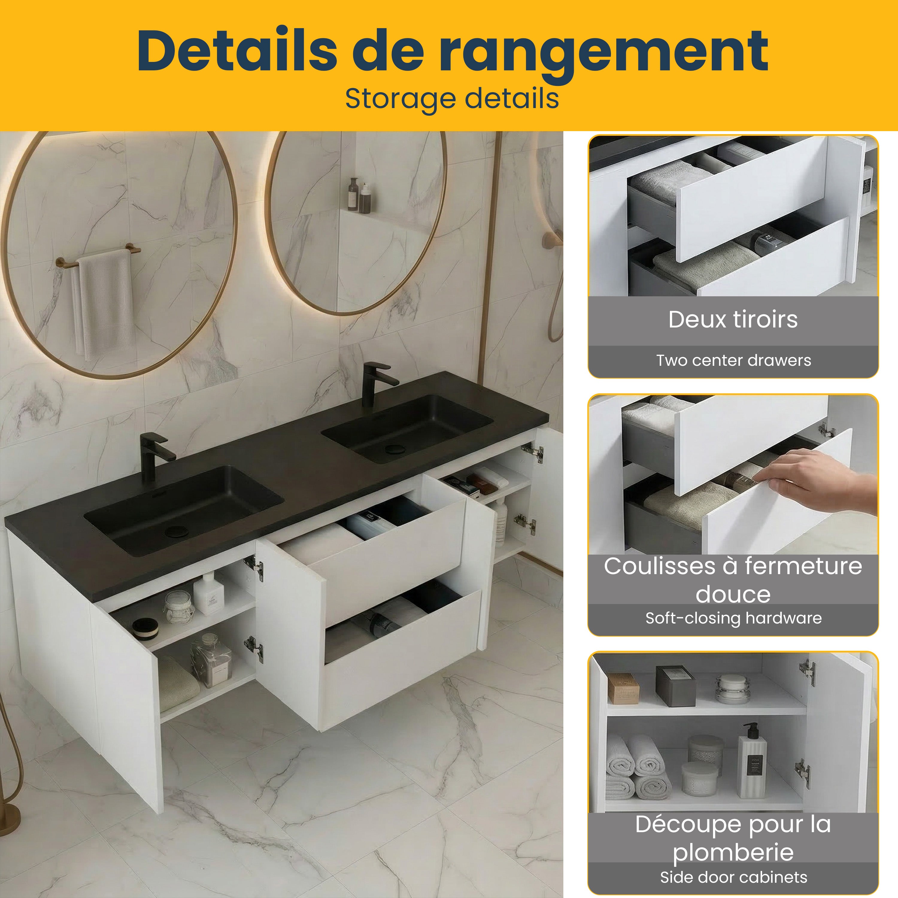 Meuble-Lavabo Mural 72po Blanc avec Comptoir de Quartz d'ingénierie Noir