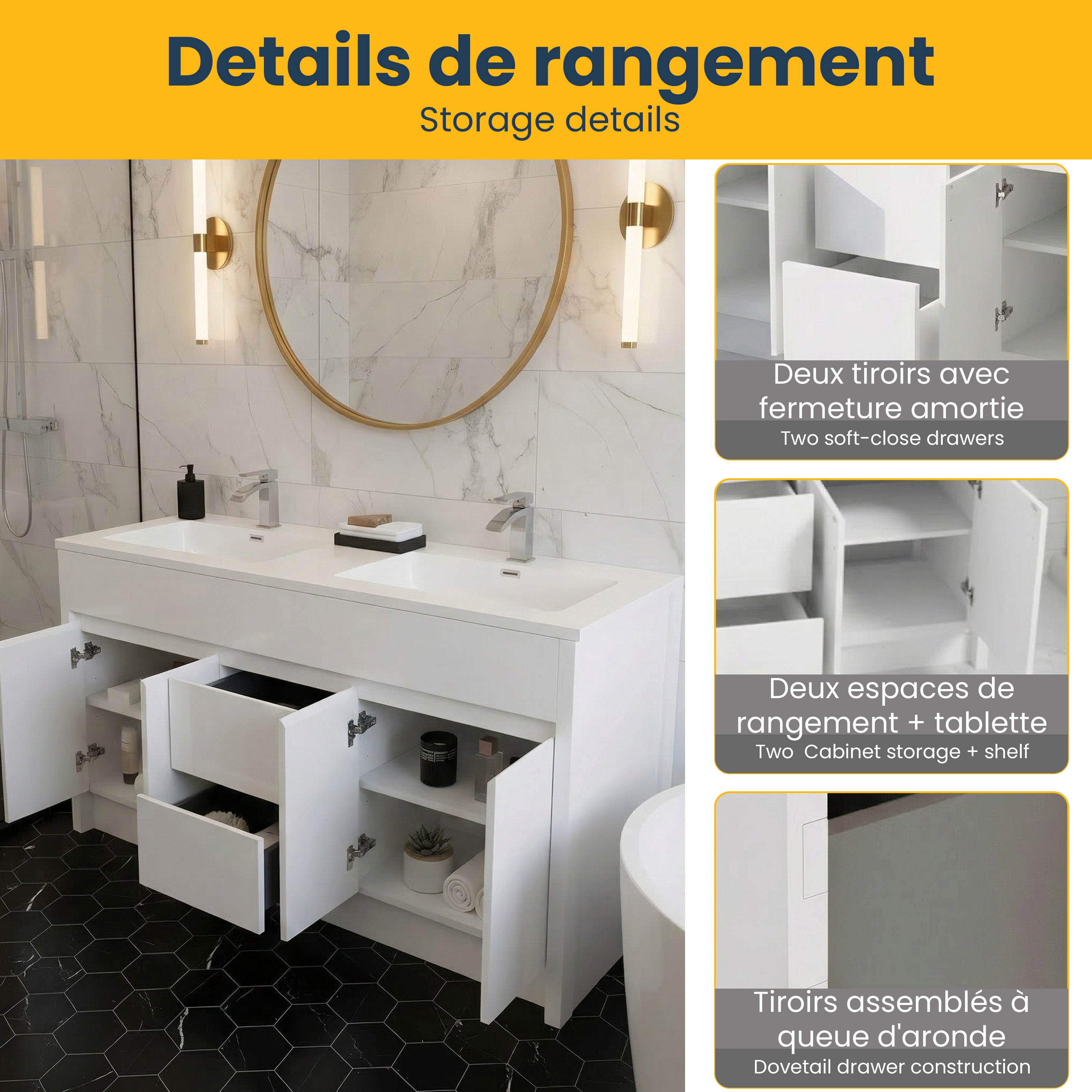 60" Matte White Freestanding Double Sink Bathroom Vanity with White Polymarble Countertop