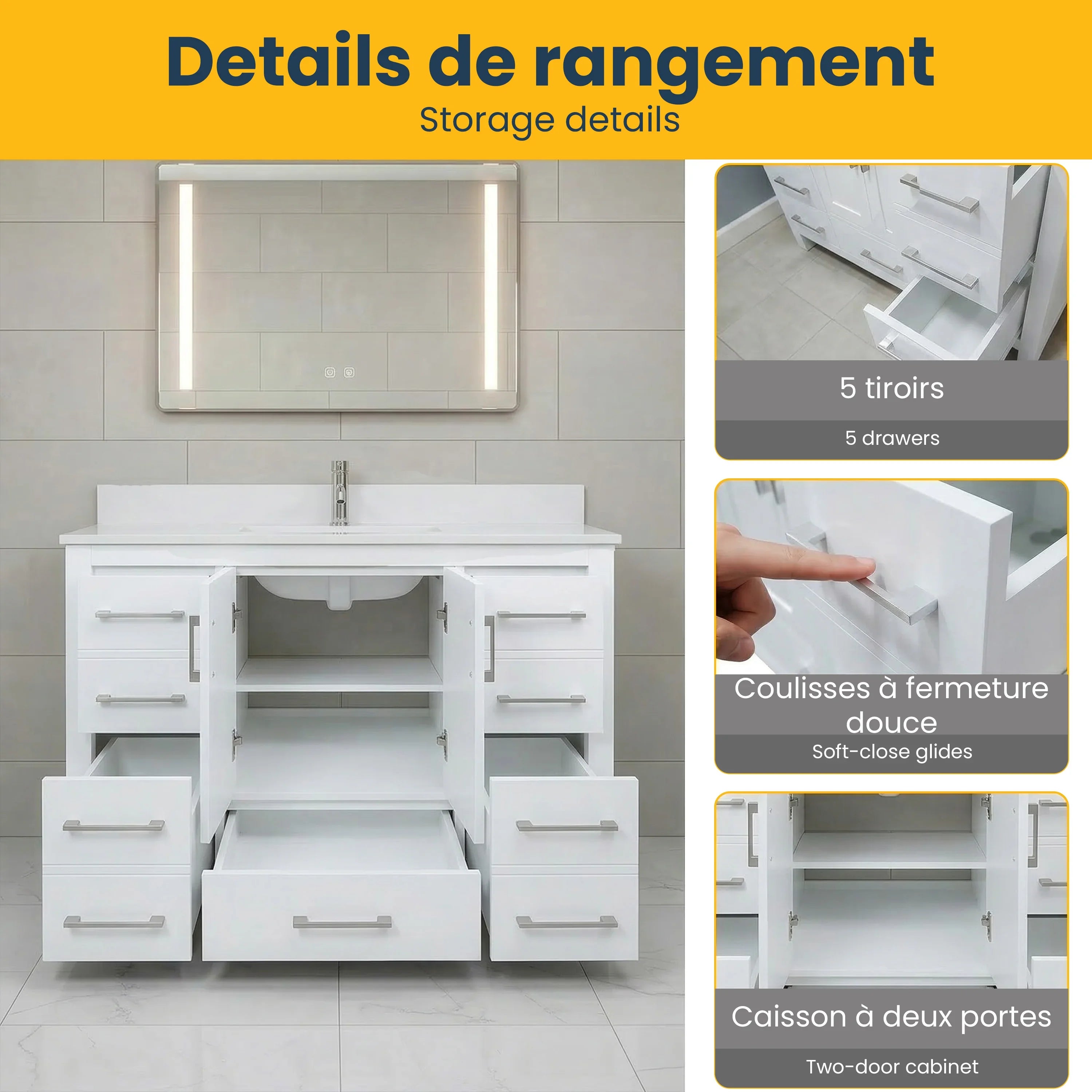 42" White Freestanding Single Sink Bathroom Vanity with Engineered White Marble Countertop