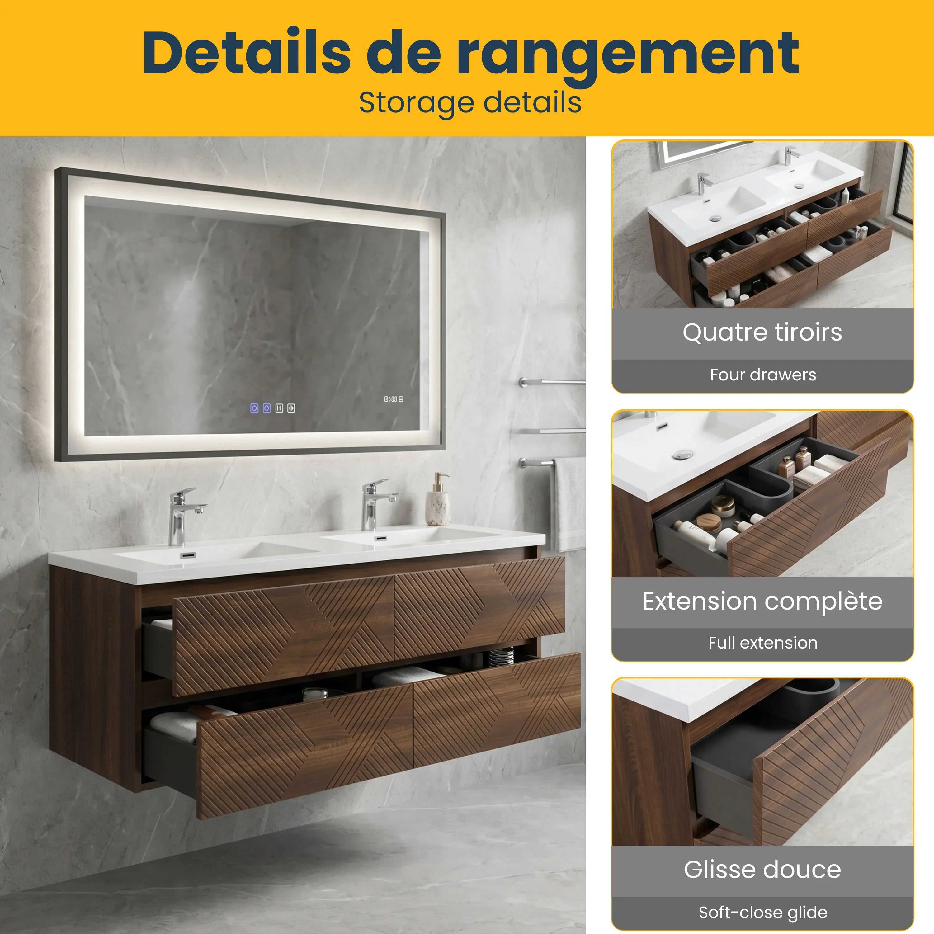 Meuble-Lavabo Mural 60po Noyer avec Comptoir de Polymarbre Blanc