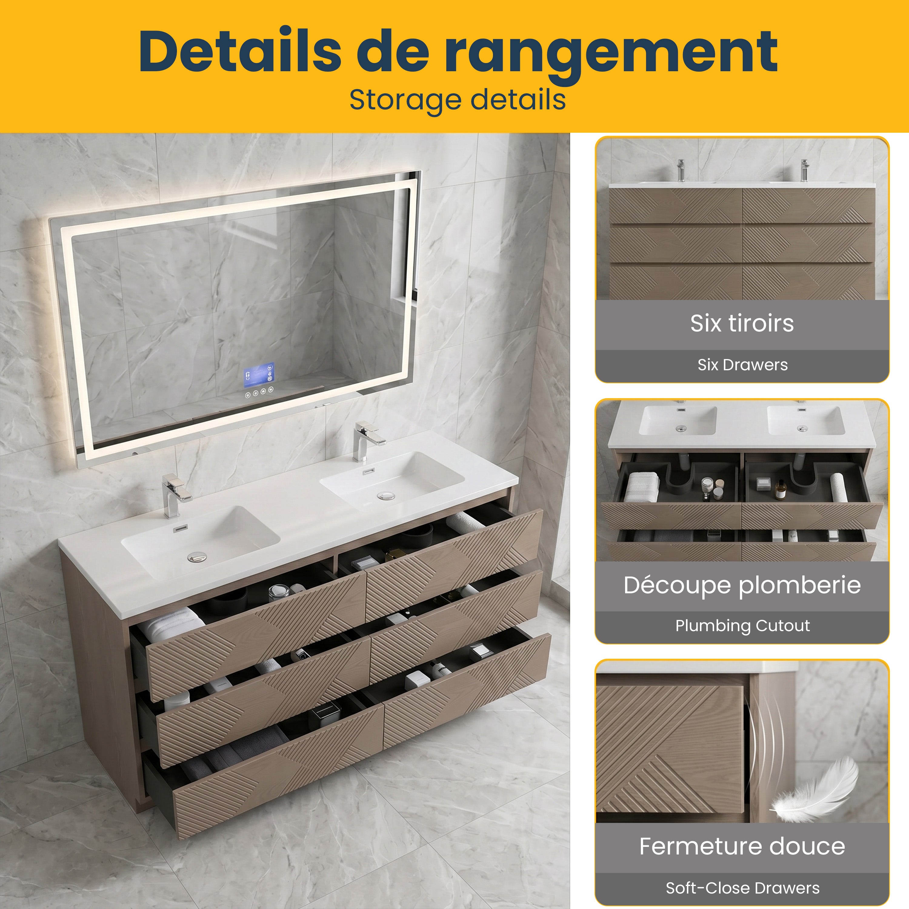 Meuble-Lavabo Autoportant 72po Chêne Taupe avec Comptoir de Polymarbre Blanc