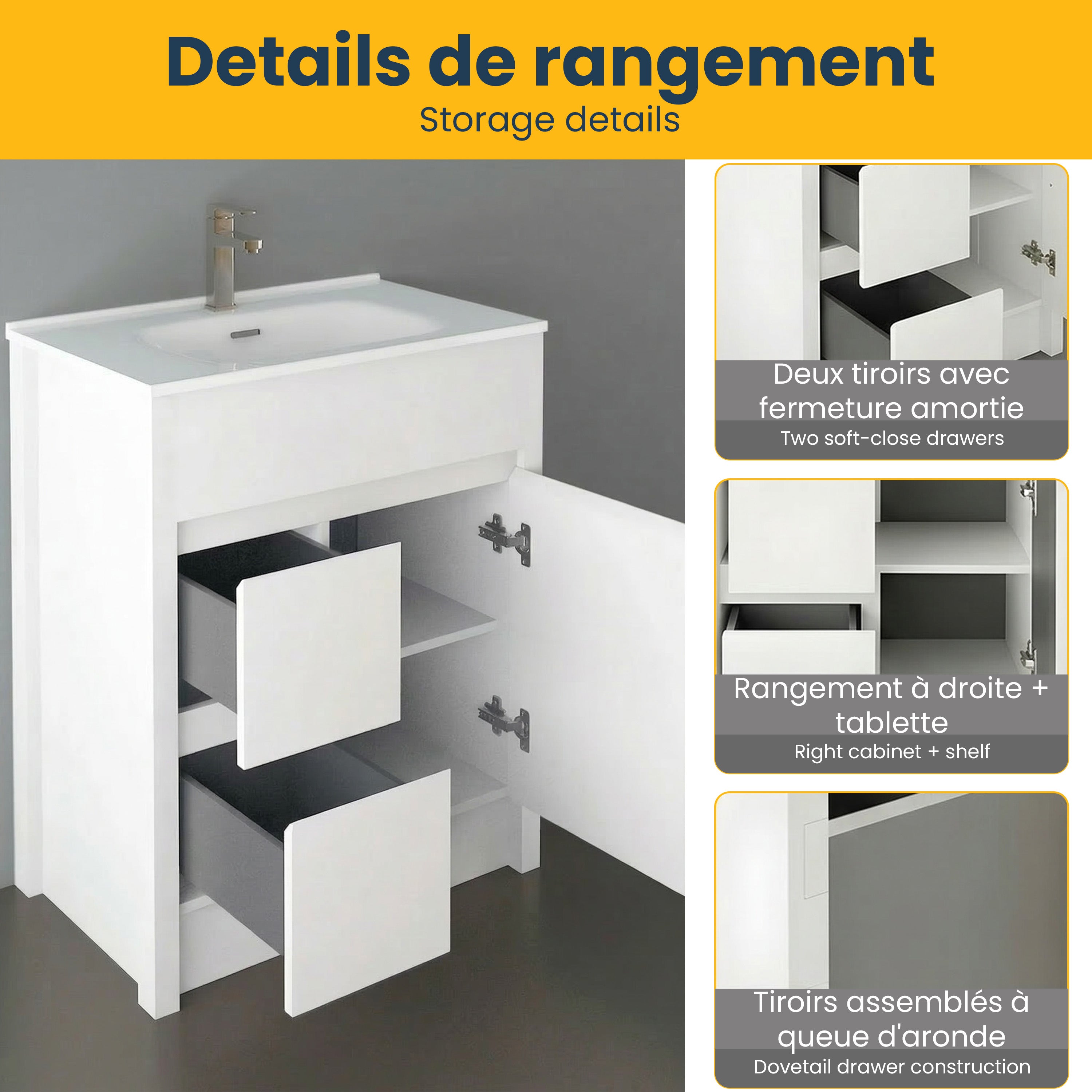Meuble-Lavabo Autoportant 30po Blanc Mat avec Comptoir de Céramique Blanc