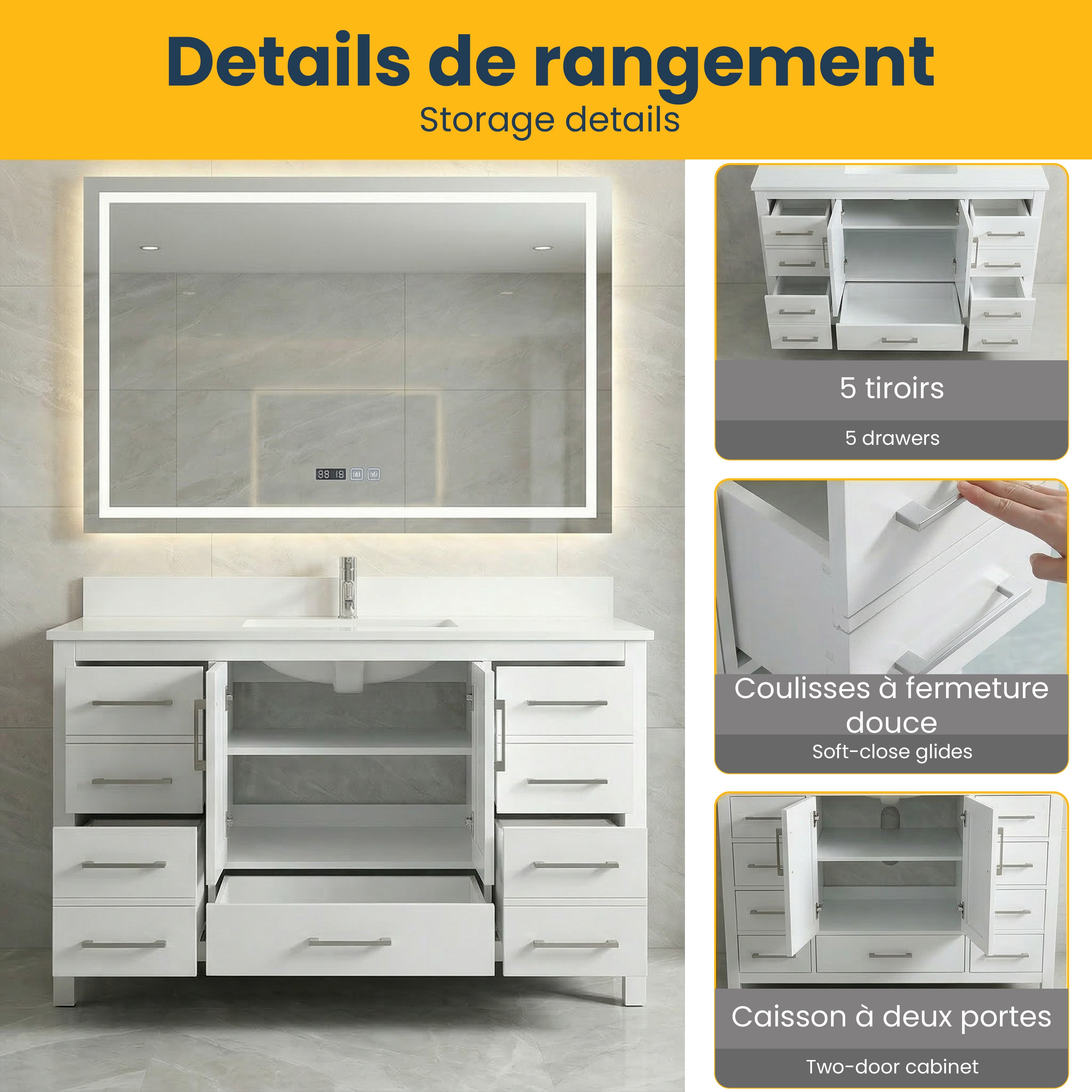 48" White Freestanding Single Sink Bathroom Vanity with Engineered White Marble Countertop