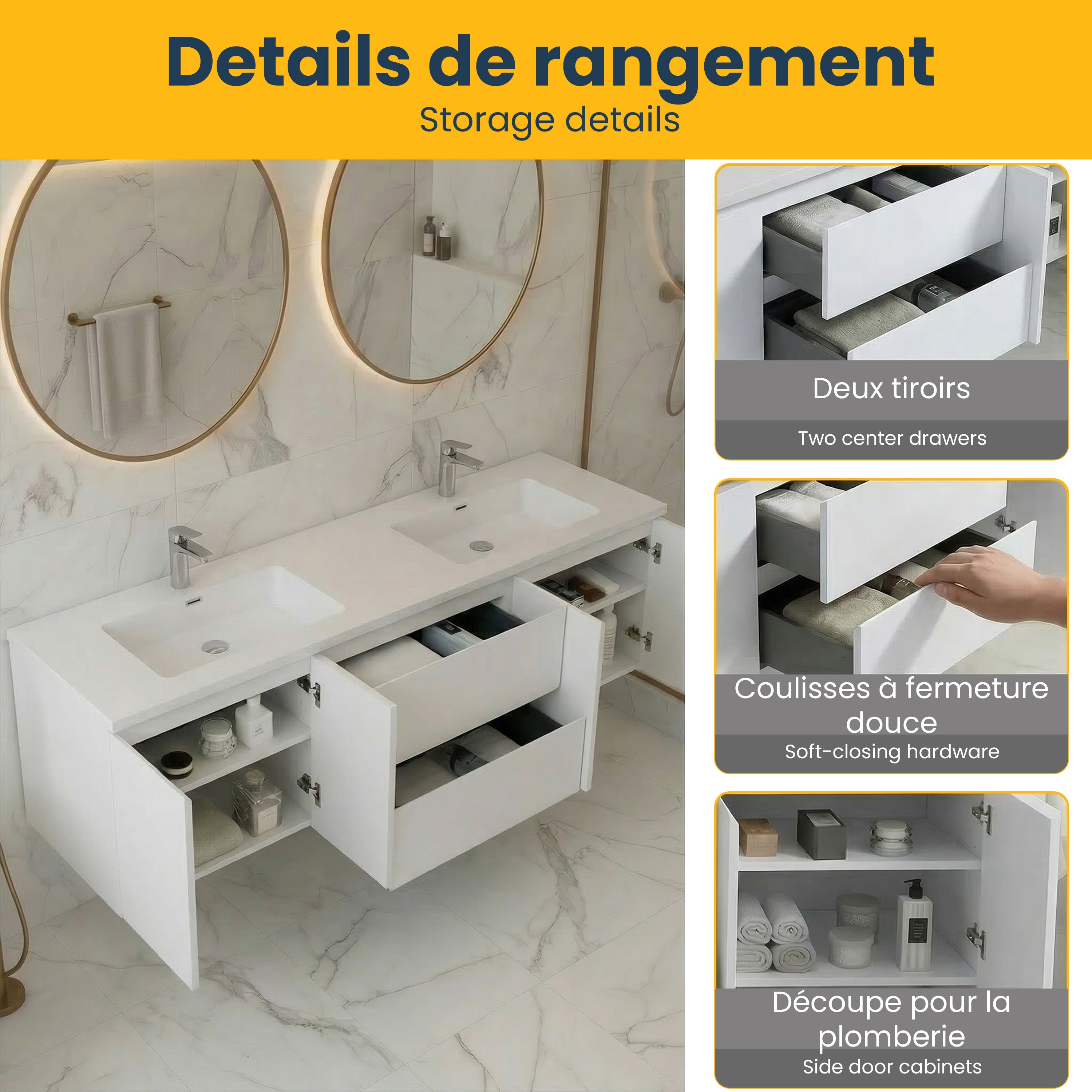 72" White Wall Mount Double Sink Bathroom Vanity with White Polymarble Countertop