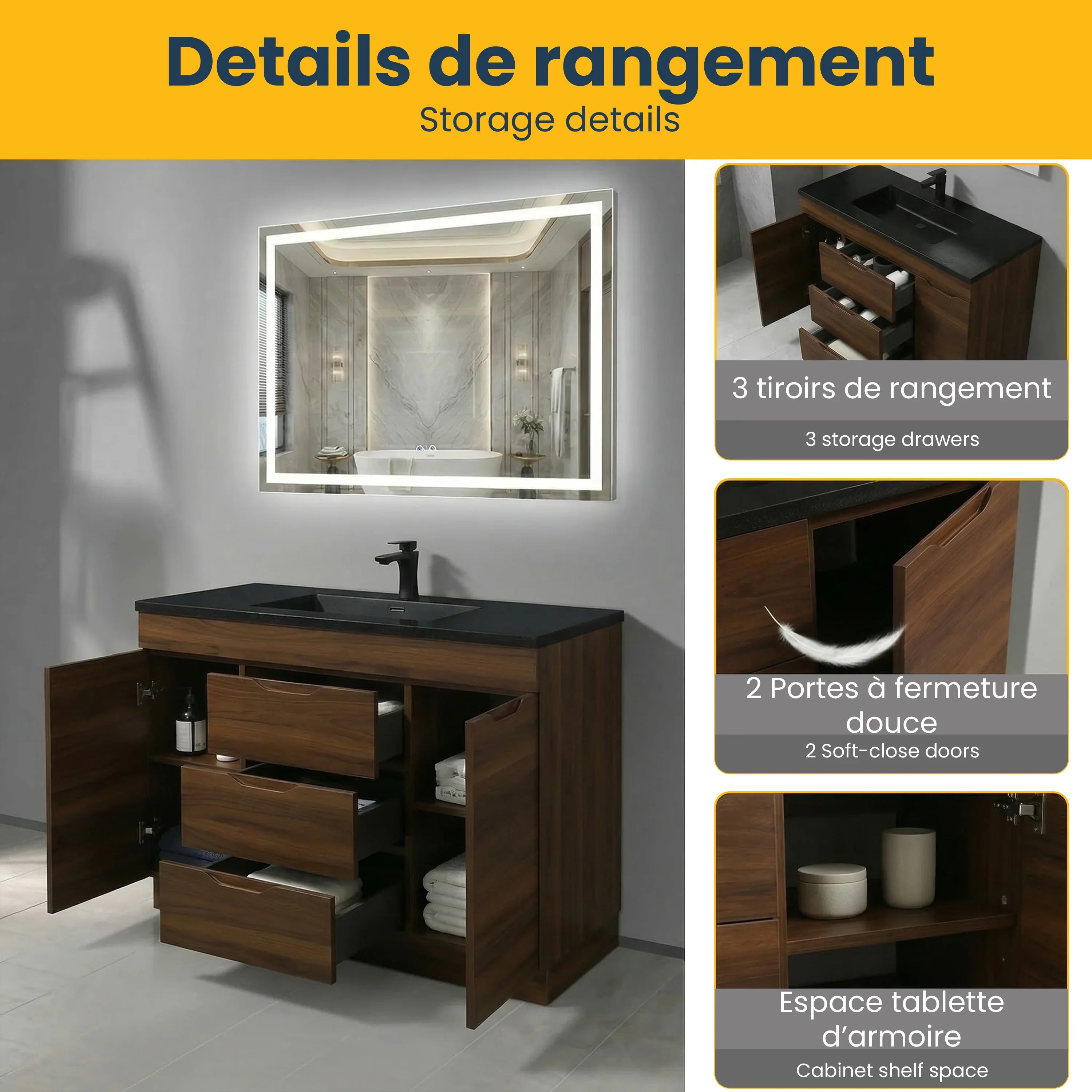 48" Walnut Freestanding Bathroom Vanity with Black Engineered Quartz Countertop