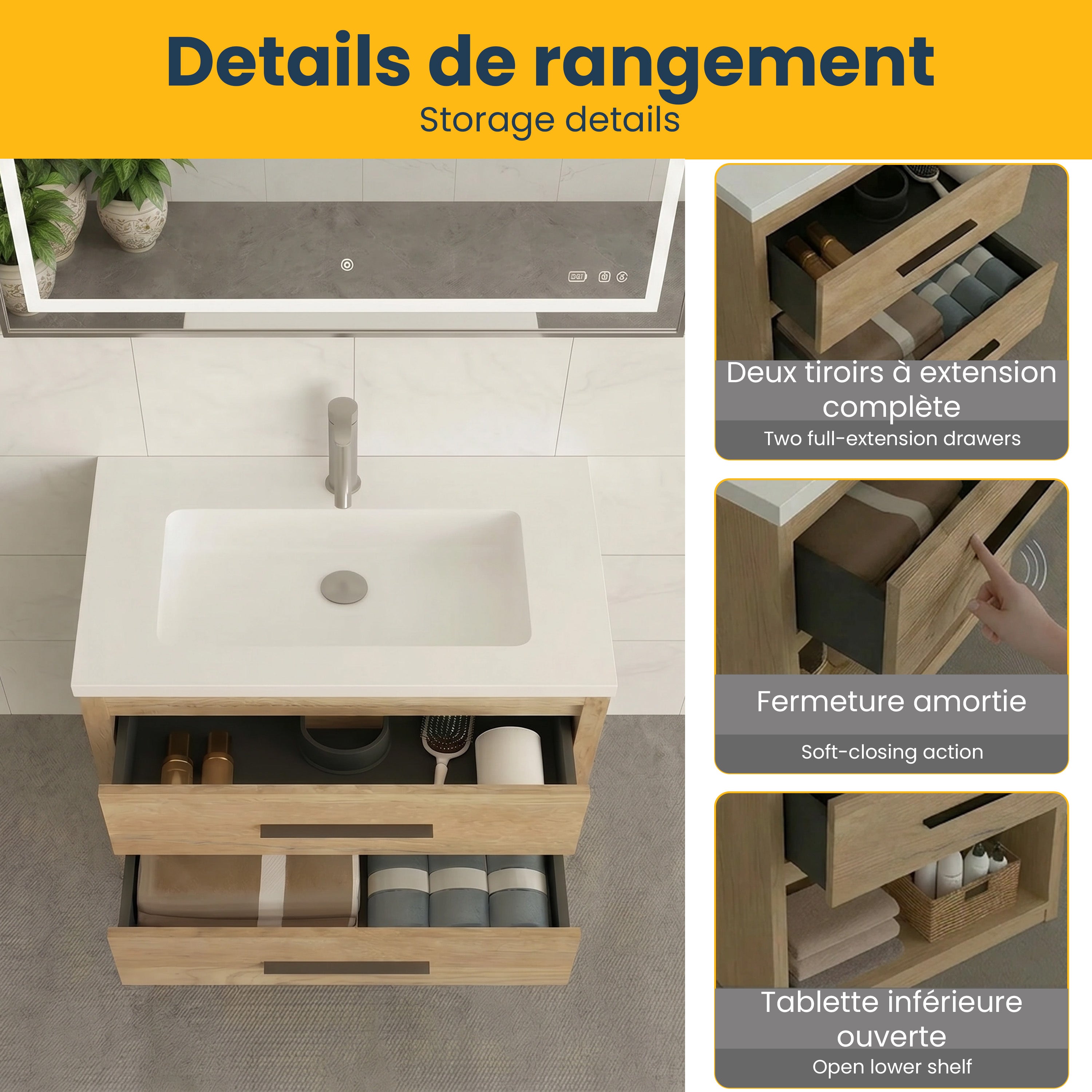 Meuble-lavabo autoportant en chêne brut 36" avec Comptoir en polymarbre blanc
