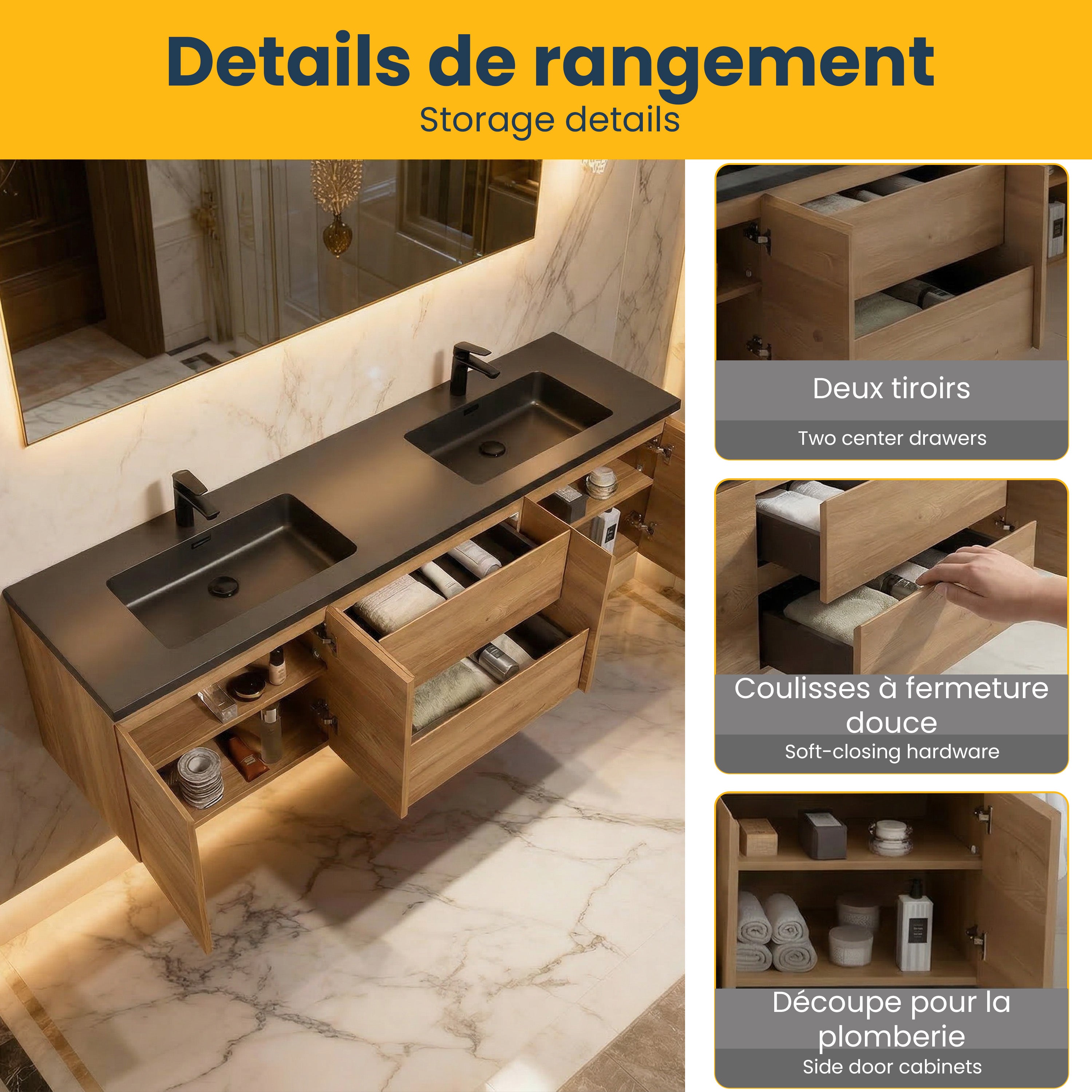 72" Rough Oak Wall Mount Double Sink Bathroom Vanity with Black Quartz Countertop