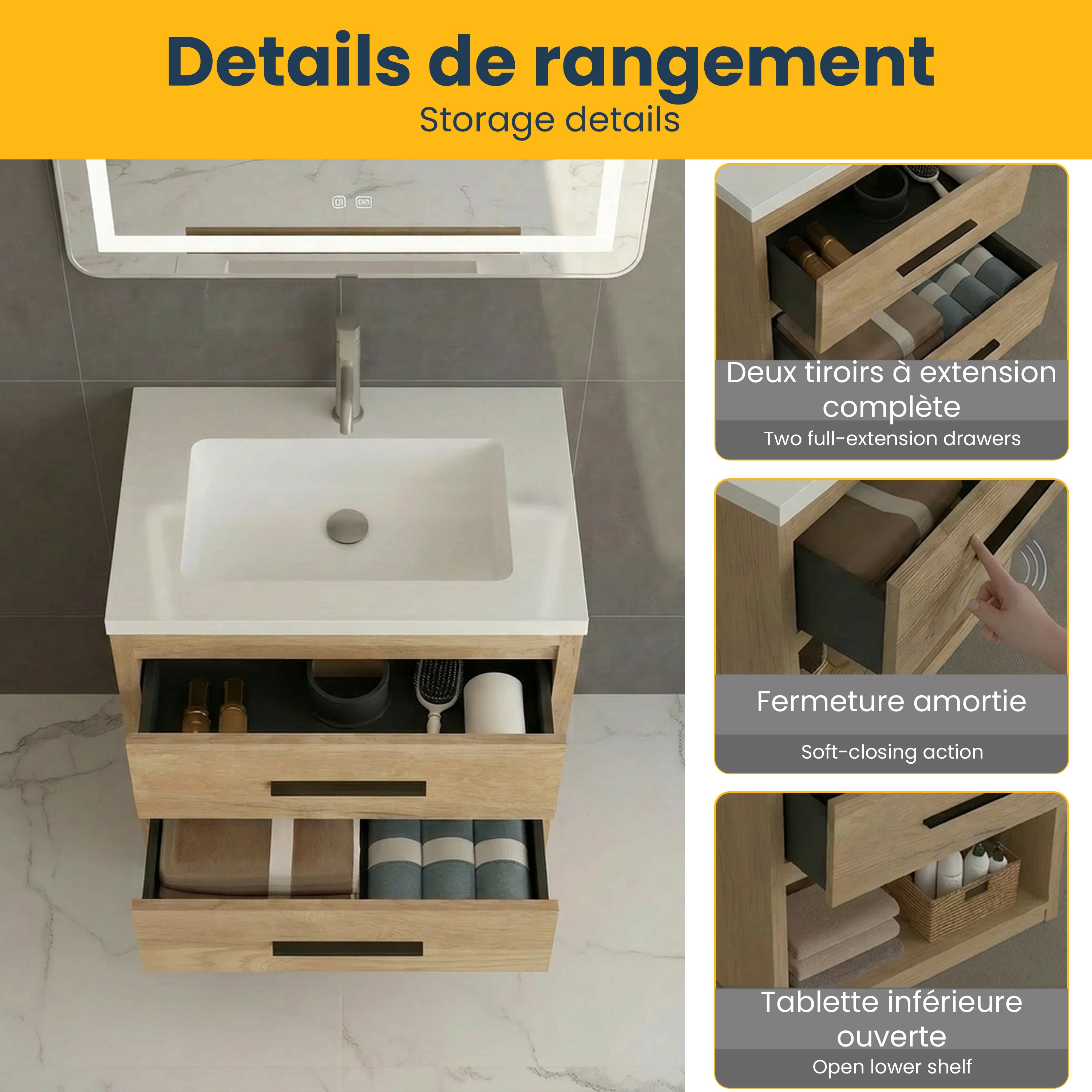 Meuble-lavabo Autoportant 24 po Chêne Brut avec Comptoir en Polymarbre Blanc