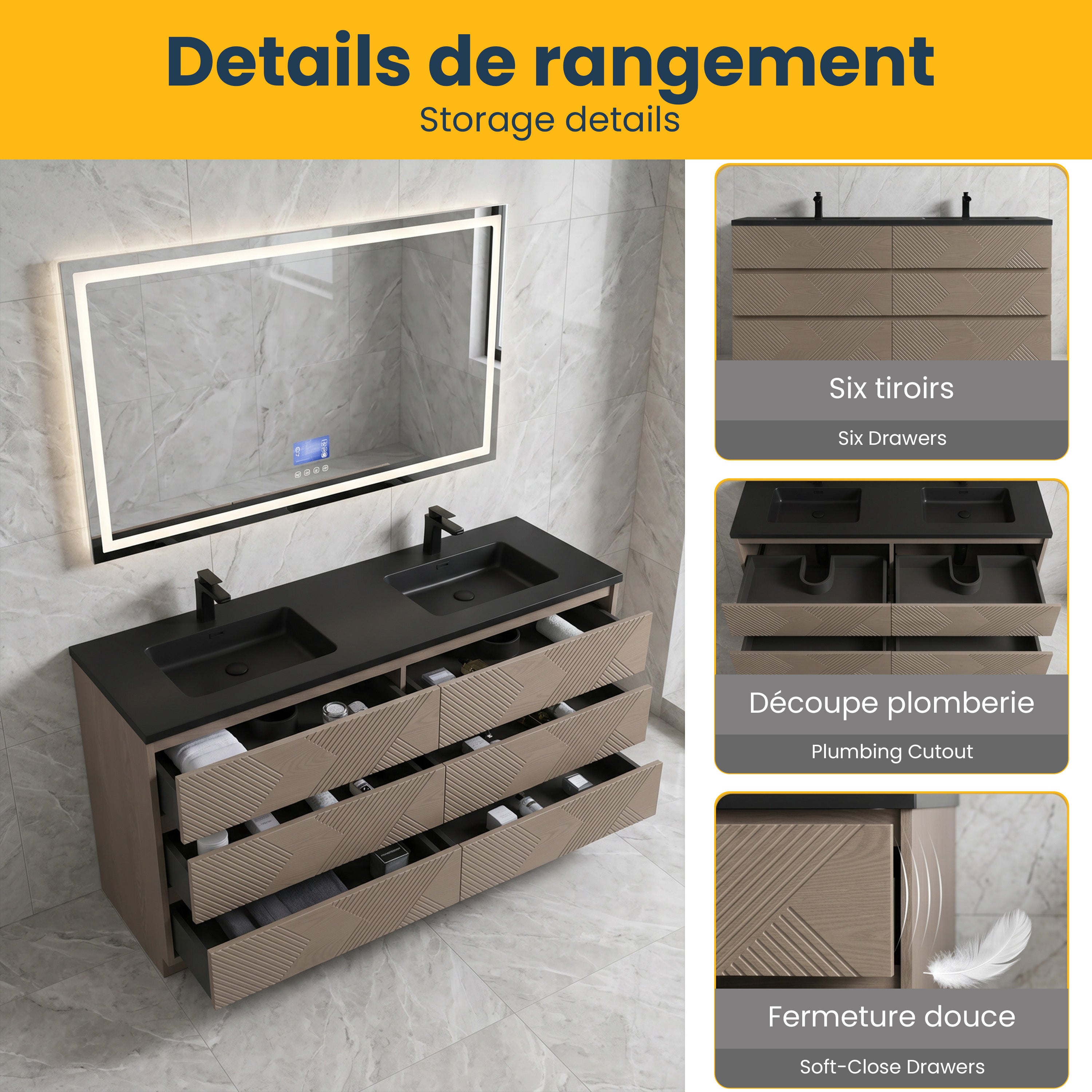 72" Taupe Oak Freestanding Double Sink Vanity with Black Engineered Quartz Countertop