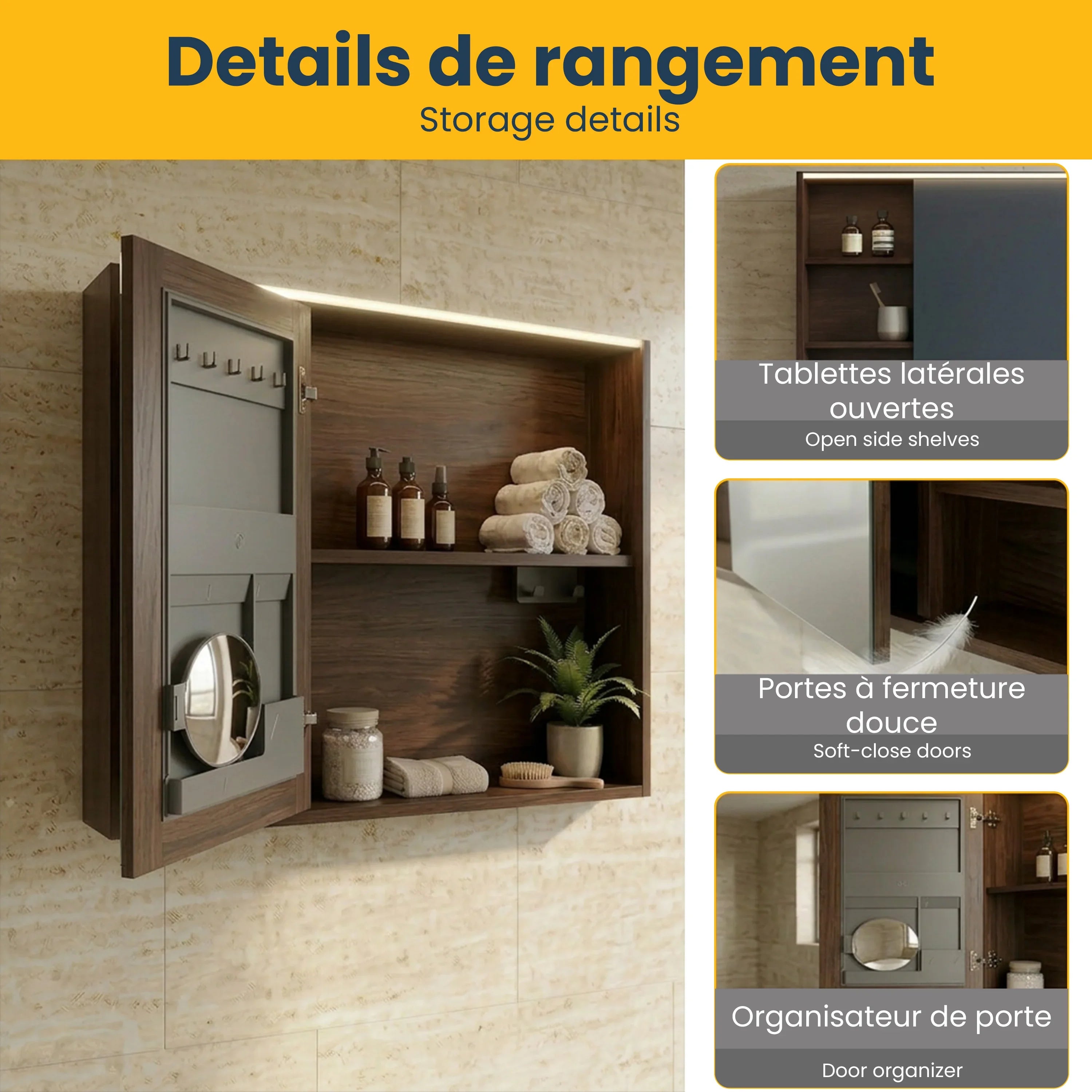 Armoire à pharmacie DEL 40po en noisette avec portes à fermeture douce