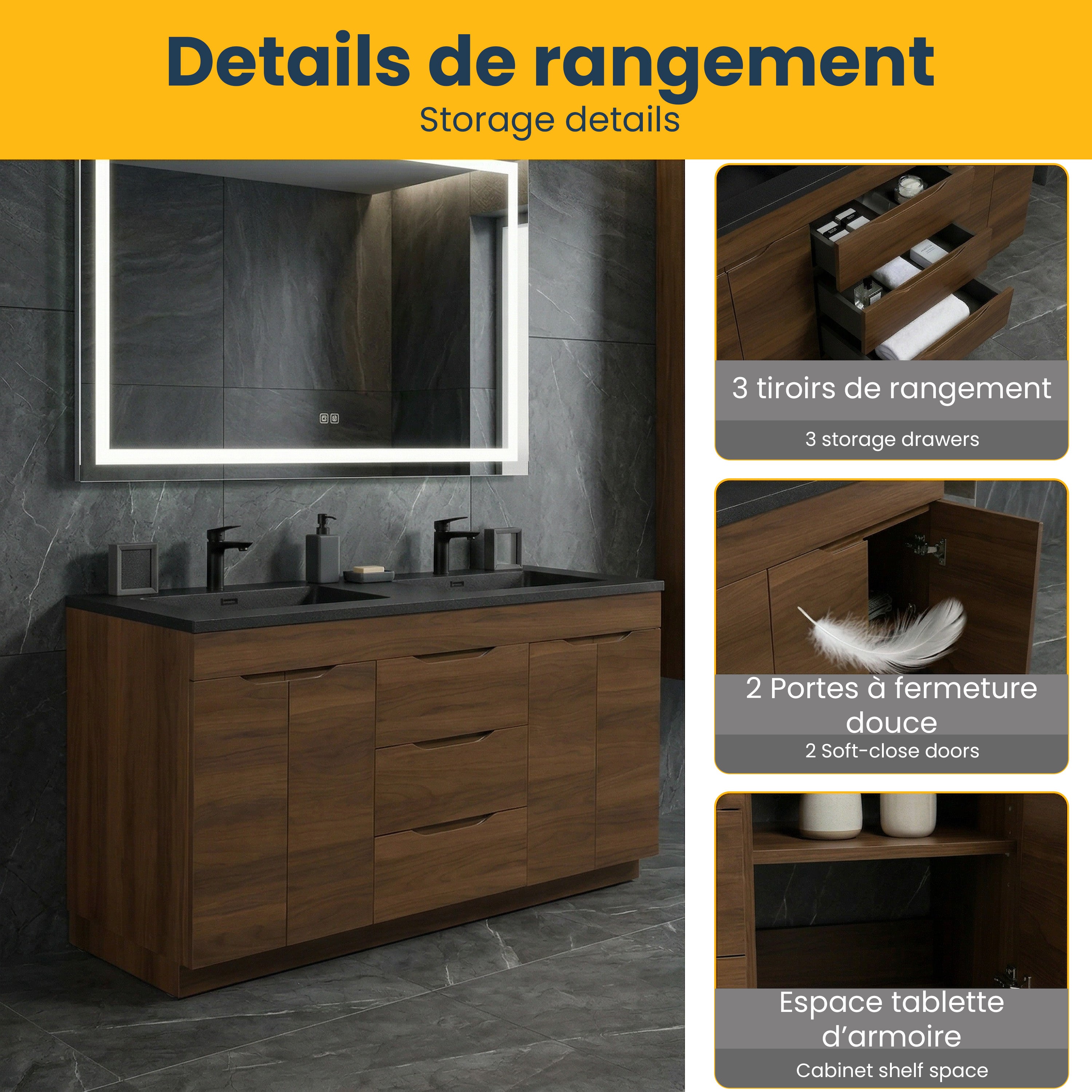 60" Walnut Freestanding Double Sink Vanity with Black Engineered Quartz Countertop