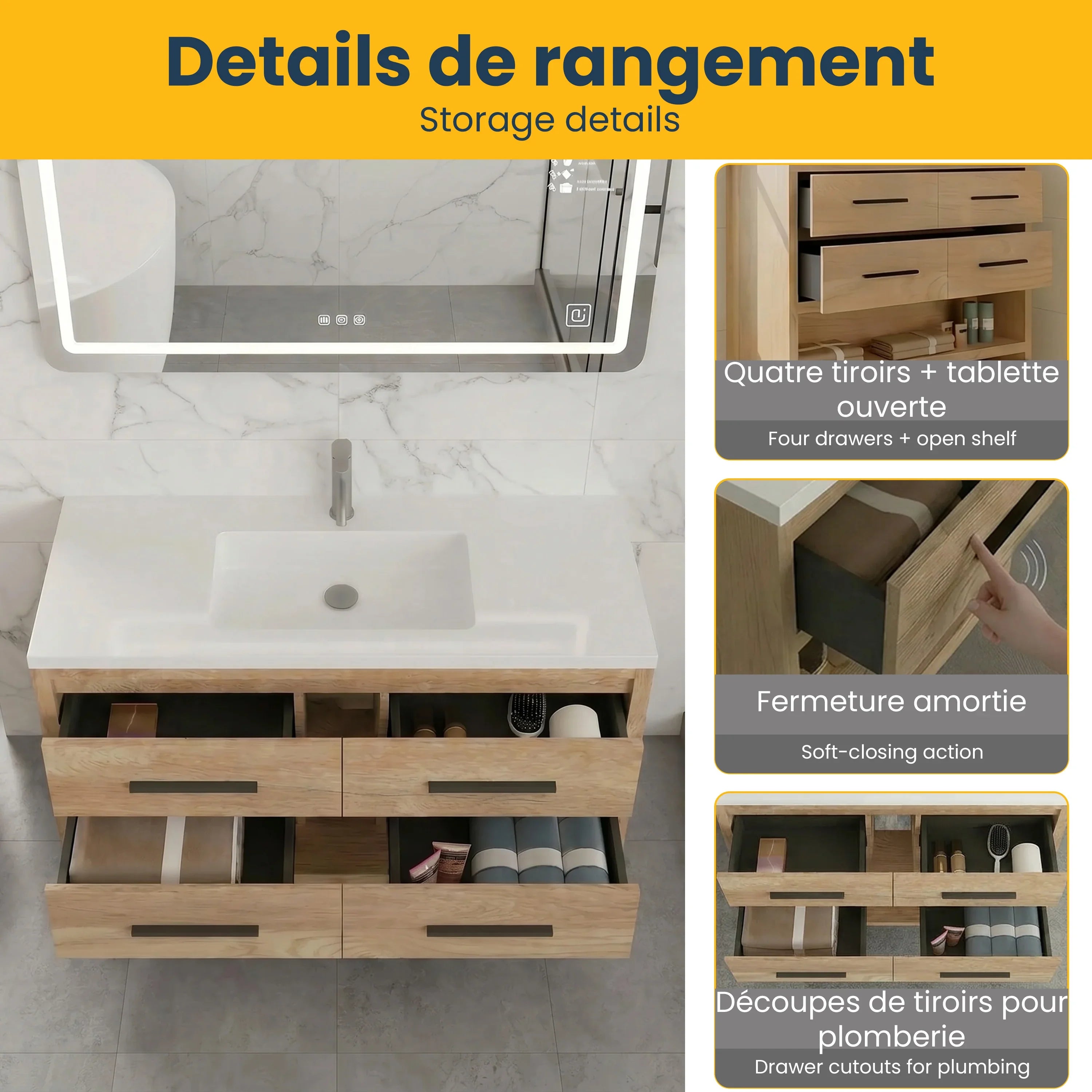Meuble-lavabo autoportant en chêne brut de 48" avec Comptoir en polymarbre blanc