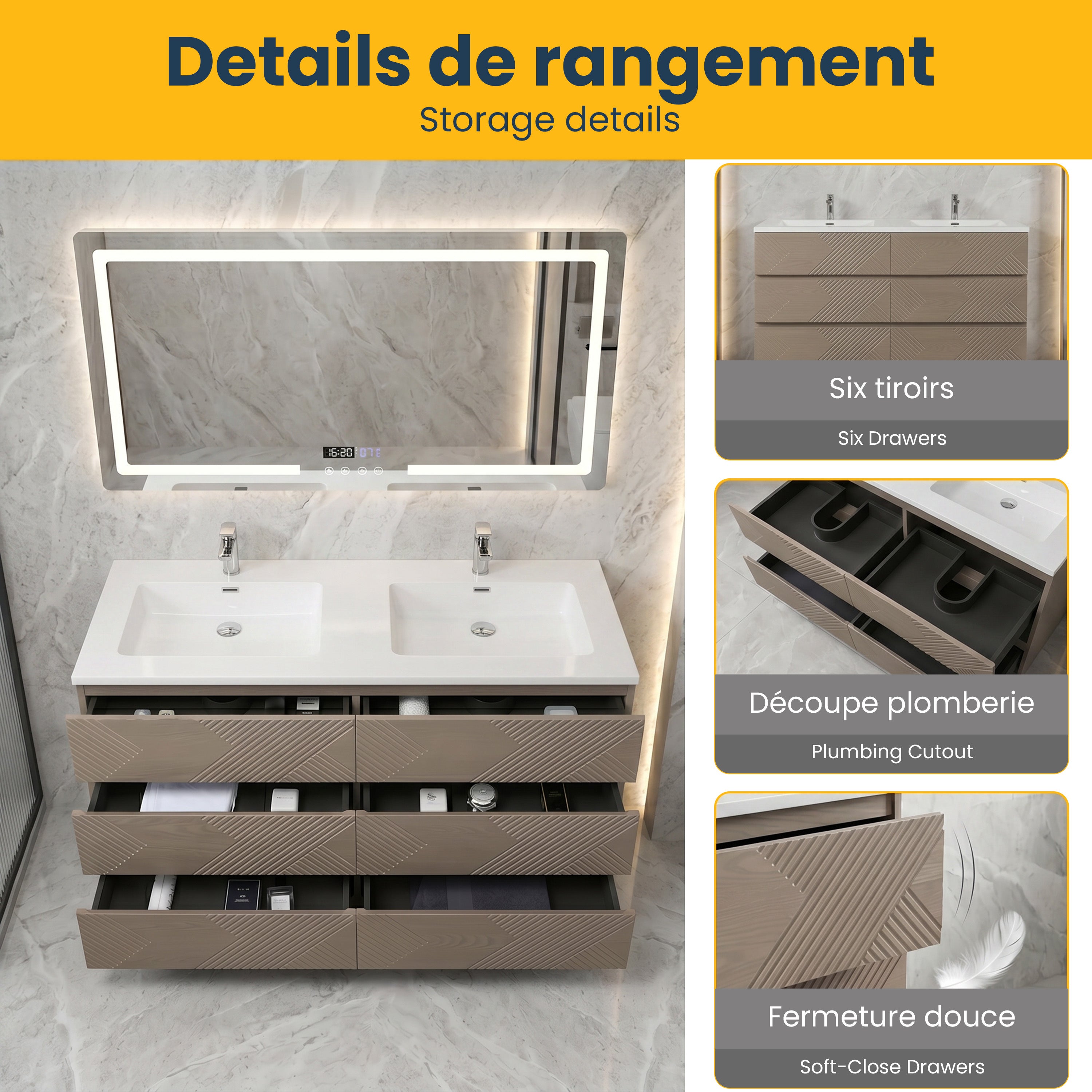 60" Taupe Oak Freestanding Double Sink Vanity with White Polymarble Countertop