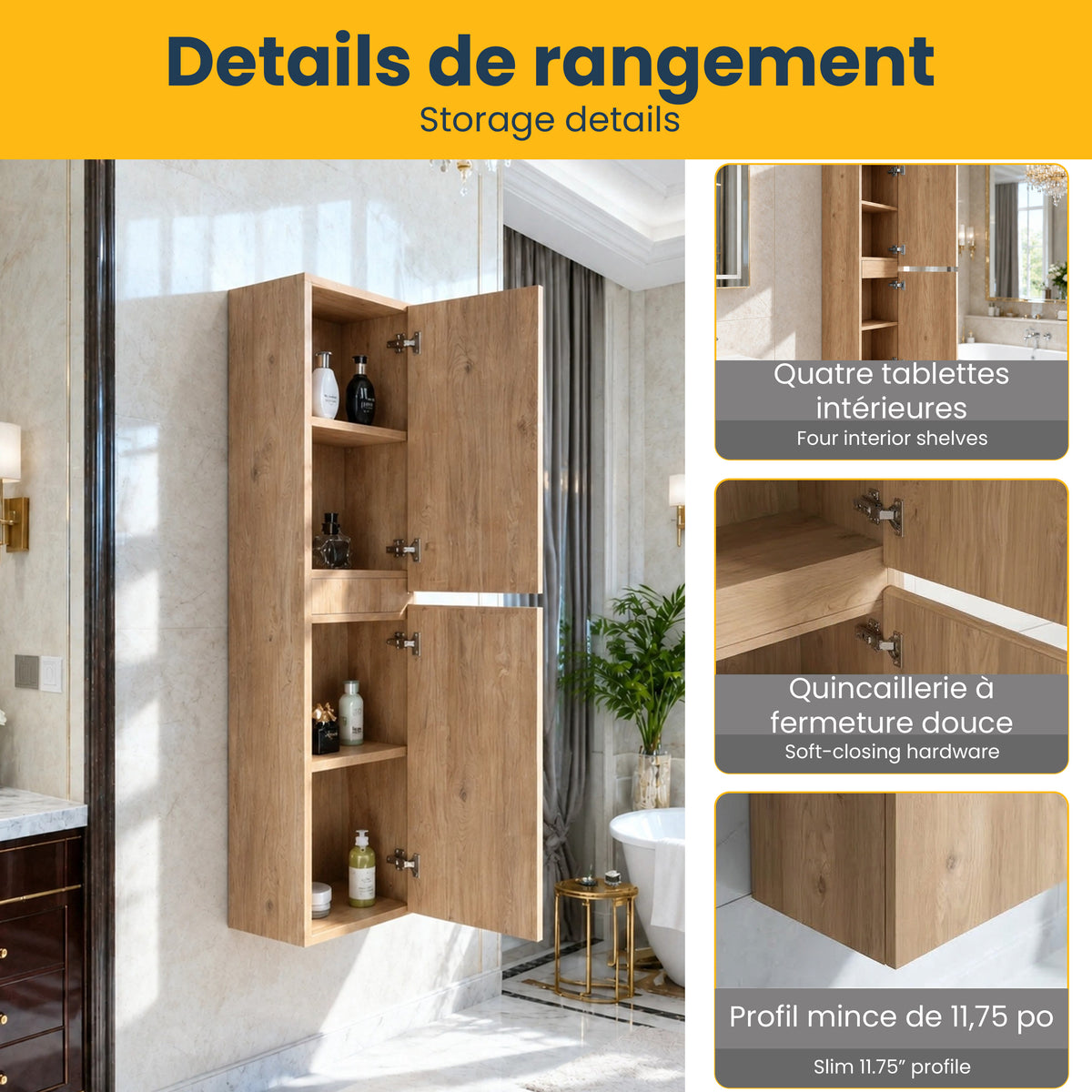 Armoire à linge suspendue murale de salle de bain - Chêne brut