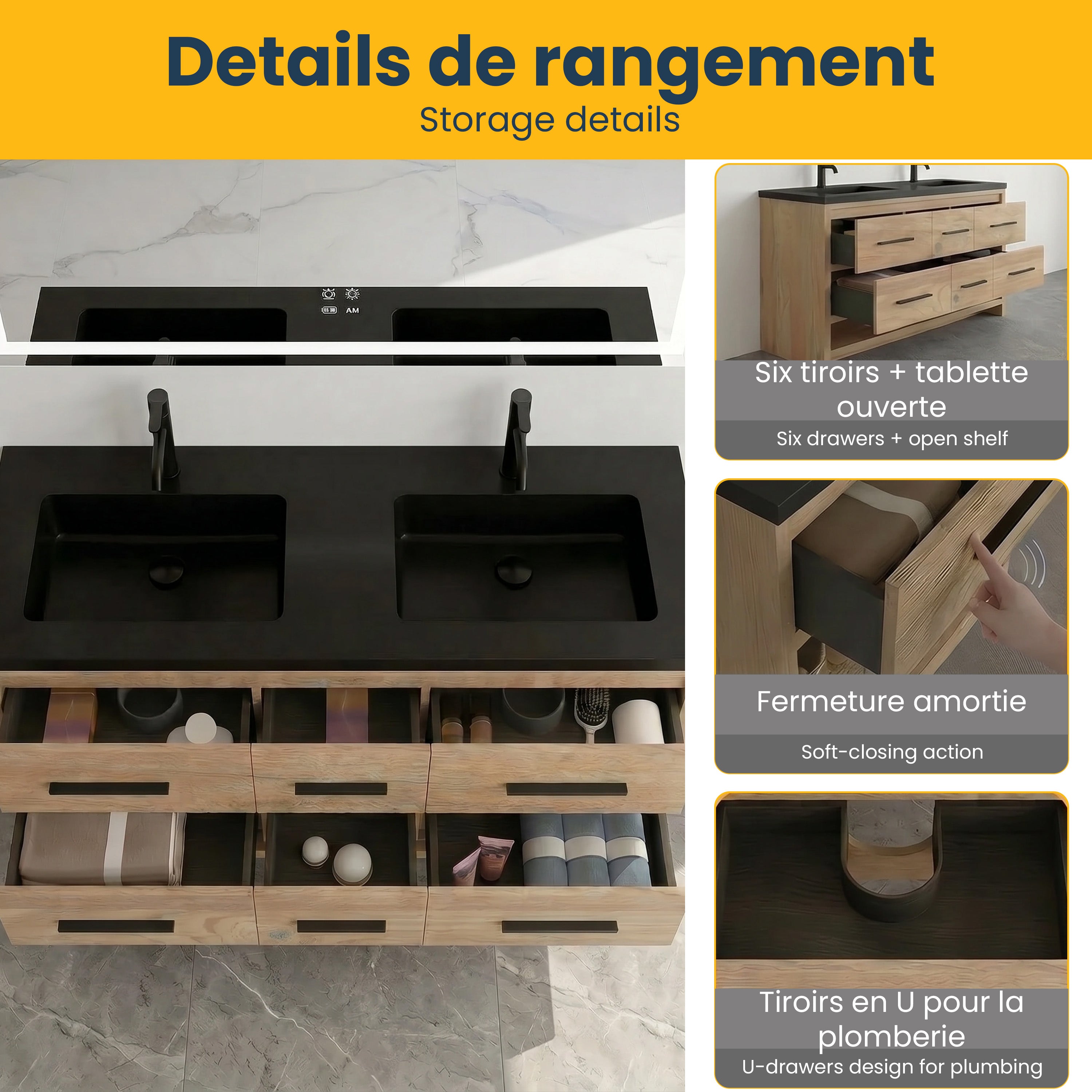 Meuble-Lavabo Autoportant 60po Chêne Brut avec Comptoir de Quartz d'ingénierie Noir