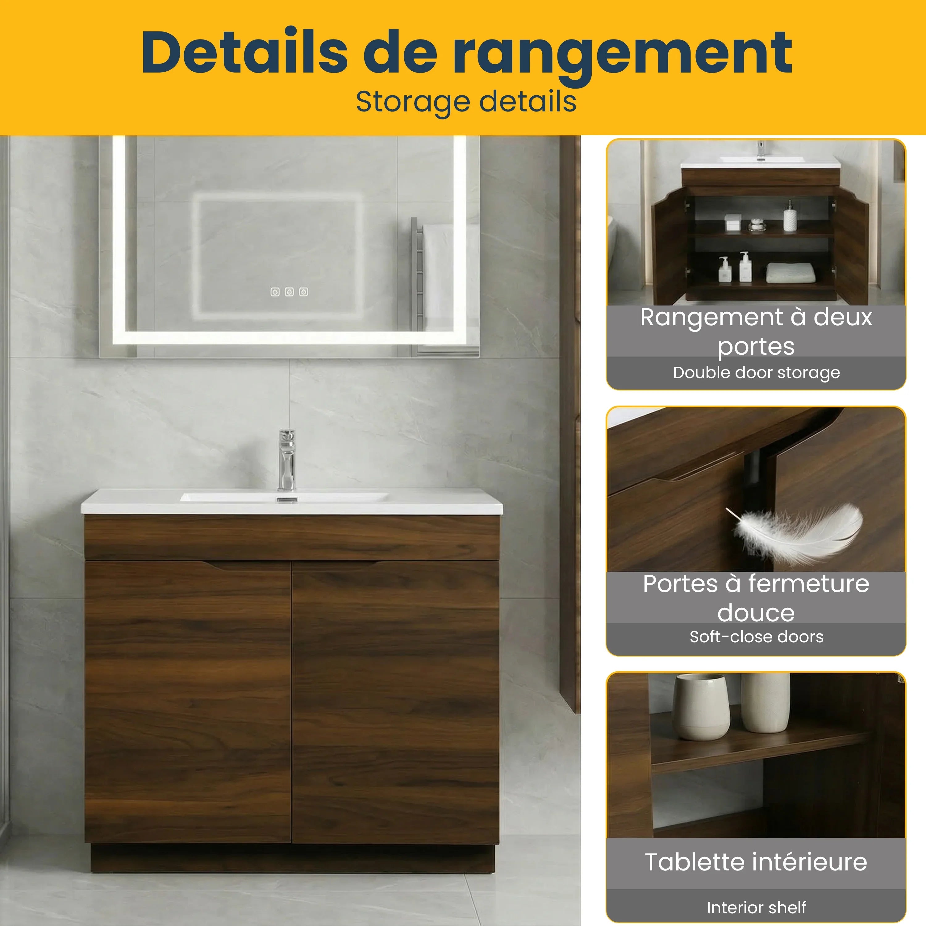 36" Walnut Freestanding Single Sink Bathroom Vanity with White Polymarble Countertop