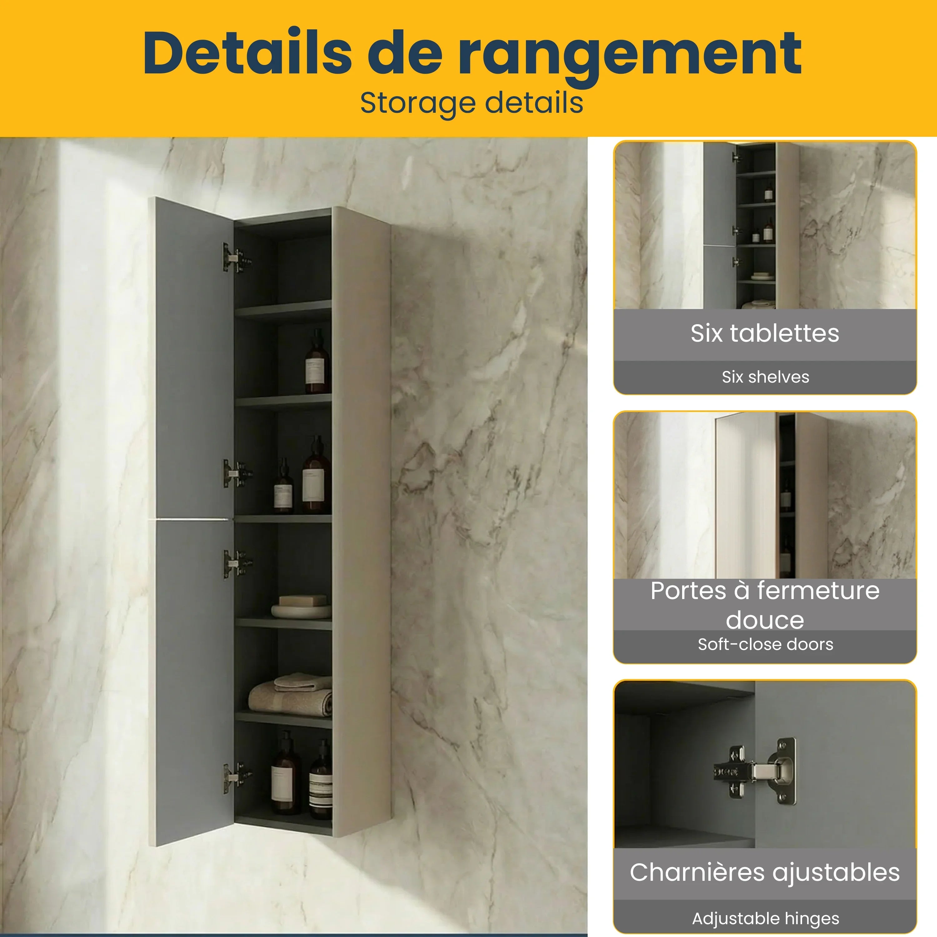 Meuble de rangement mural Kari Latte à 2 portes avec étagères - Rangement de salle de bain