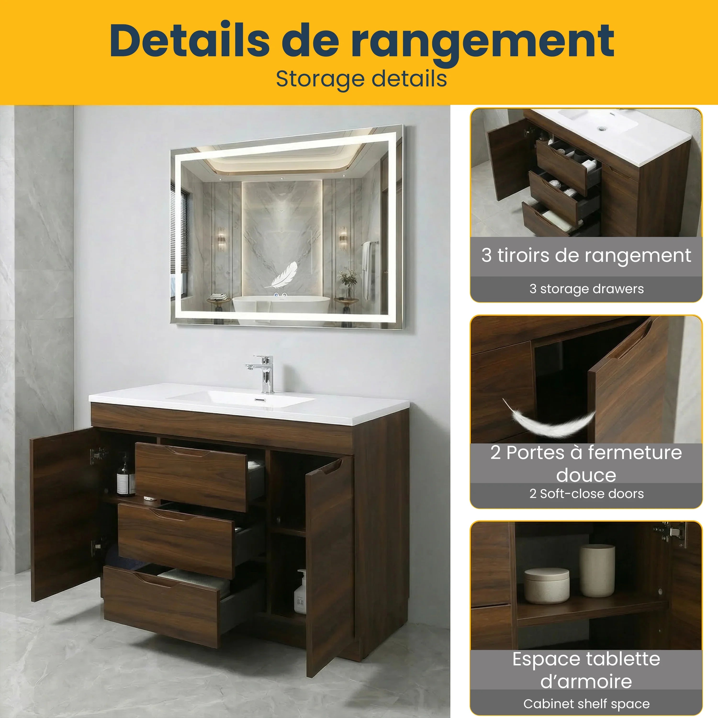 48" Walnut Freestanding Single Sink Bathroom Vanity with White Polymarble Countertop