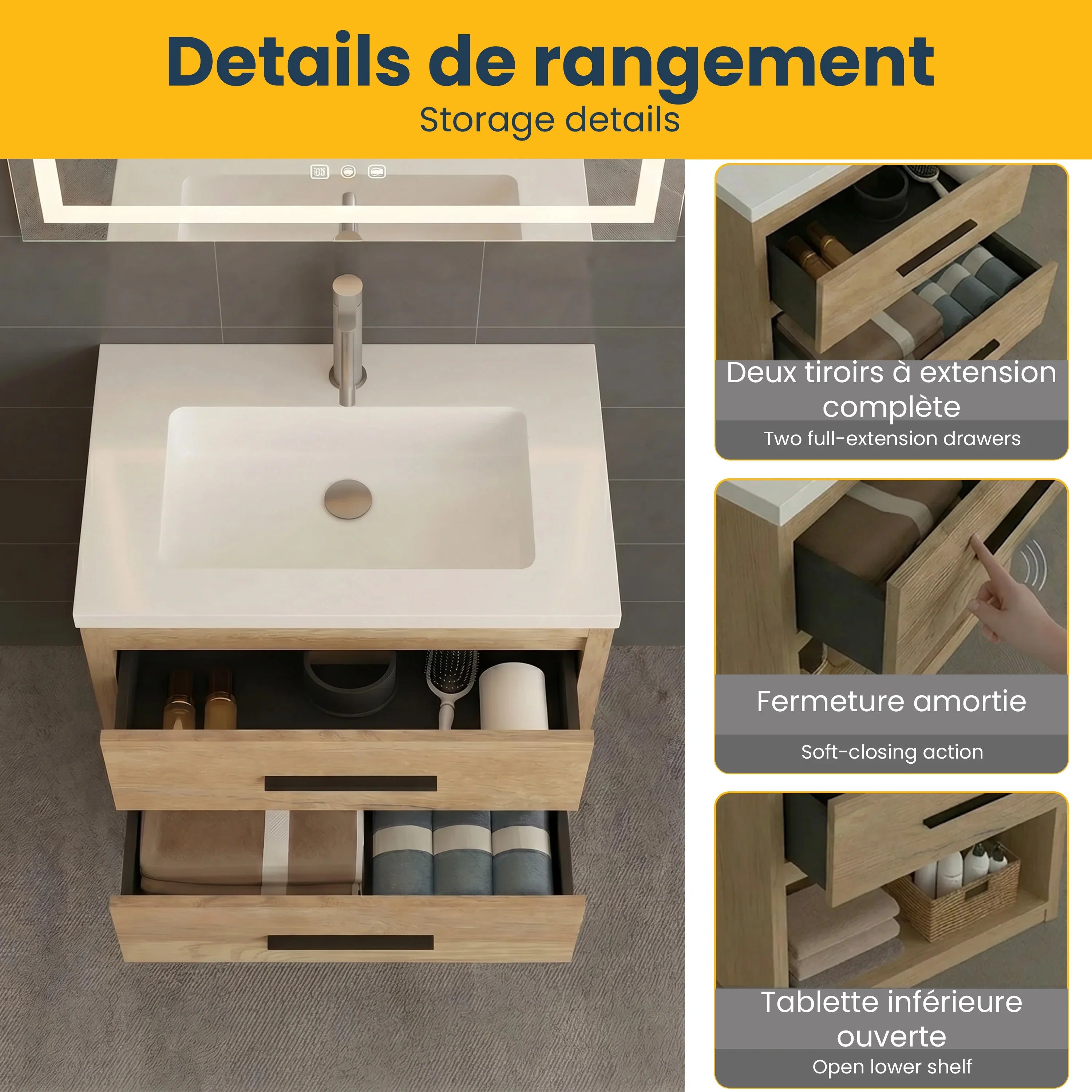 30" Rough Oak Freestanding Bathroom Vanity with White Polymarble Countertop