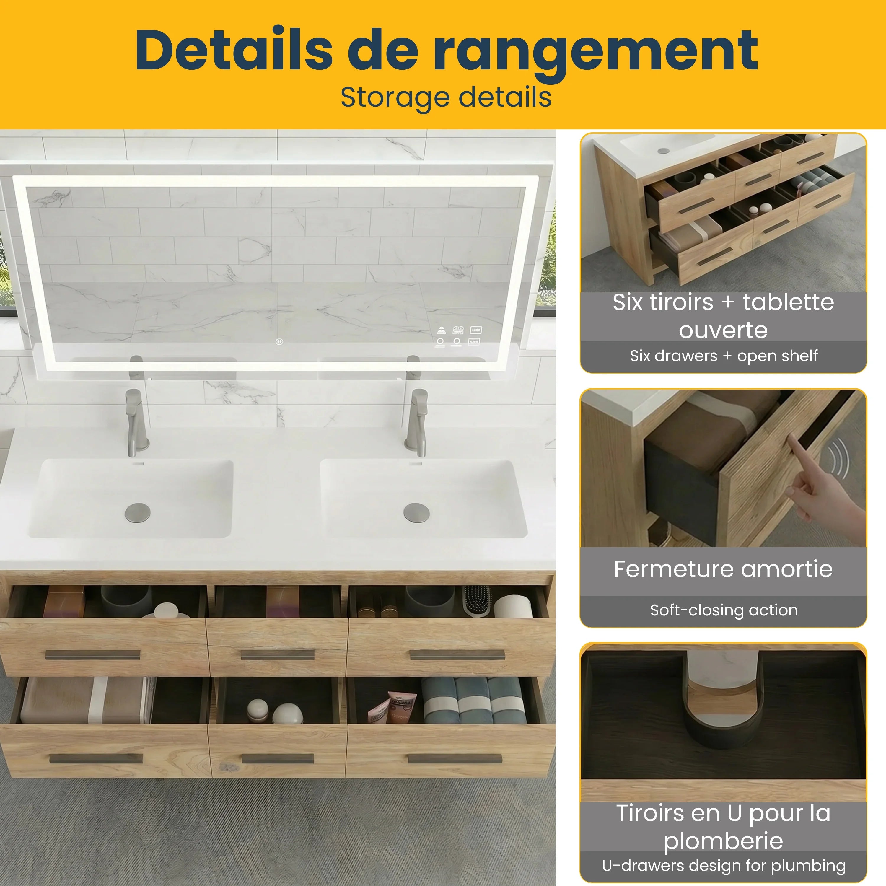 Meuble-Lavabo Autoportant 72po Chêne Brut avec Comptoir de Polymarbre Noir
