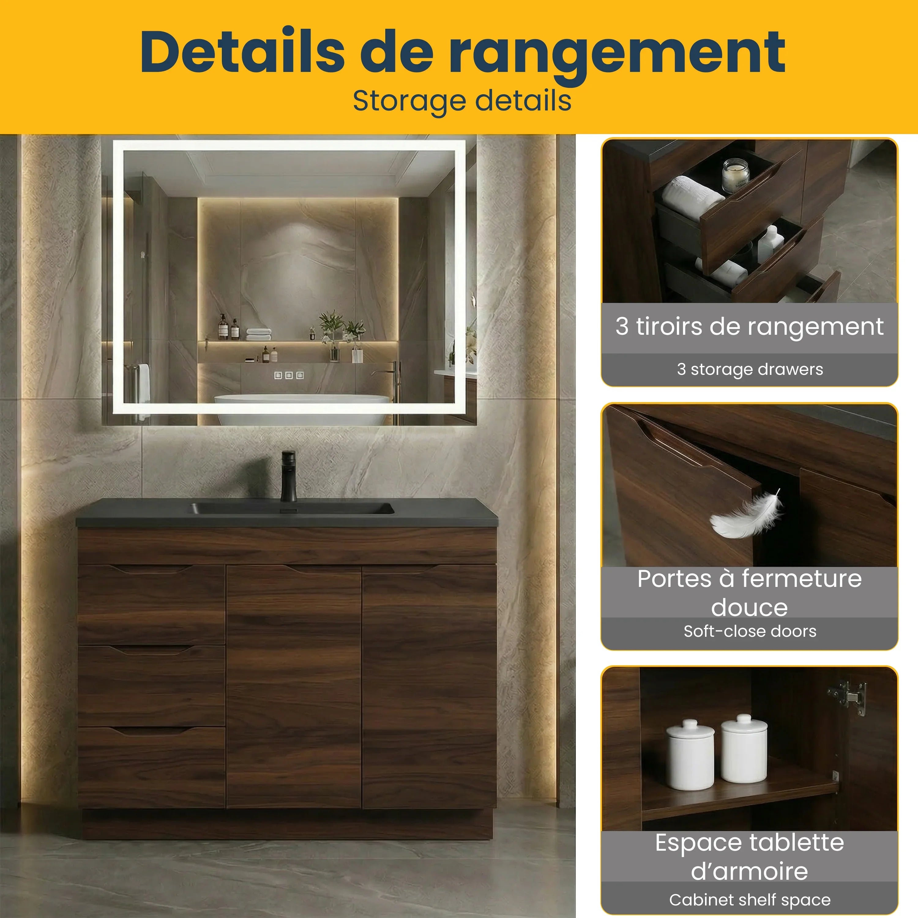 40 Inch Walnut Freestanding Bathroom Vanity with Black Engineered Quartz Countertop - Augusta Collection