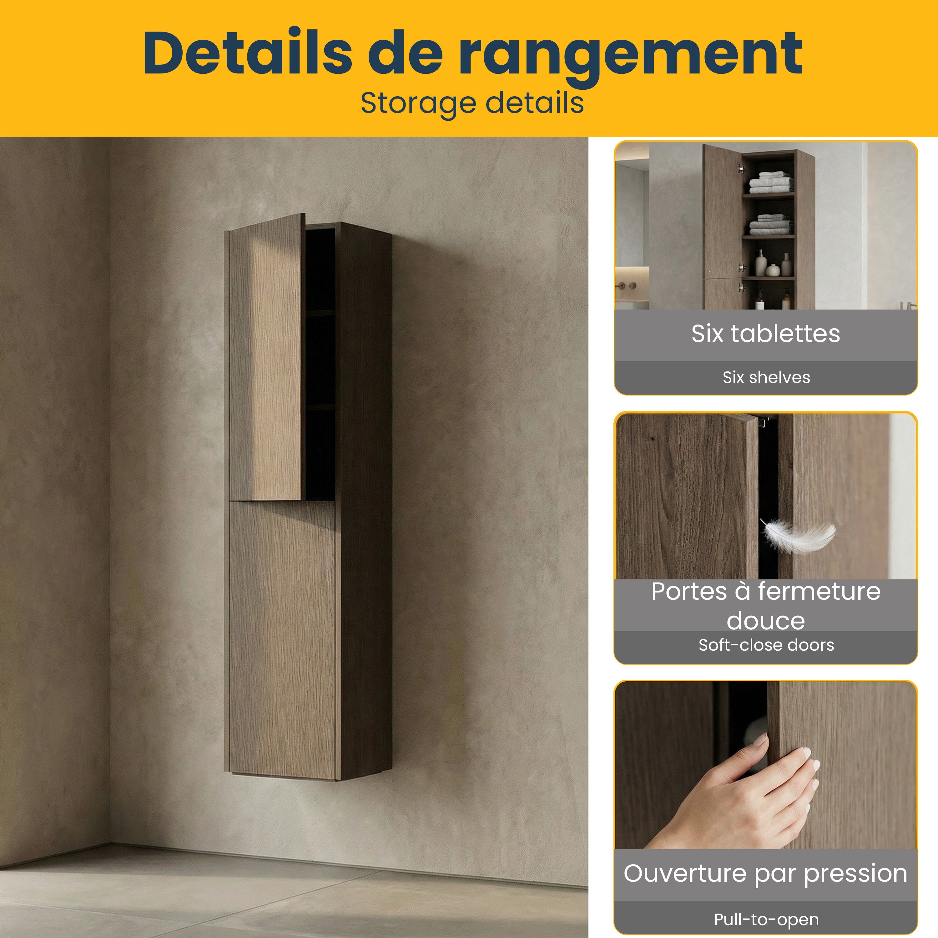 Meuble d'appoint Sanora en Noisette, 2 portes avec étagères - Rangement de salle de bain