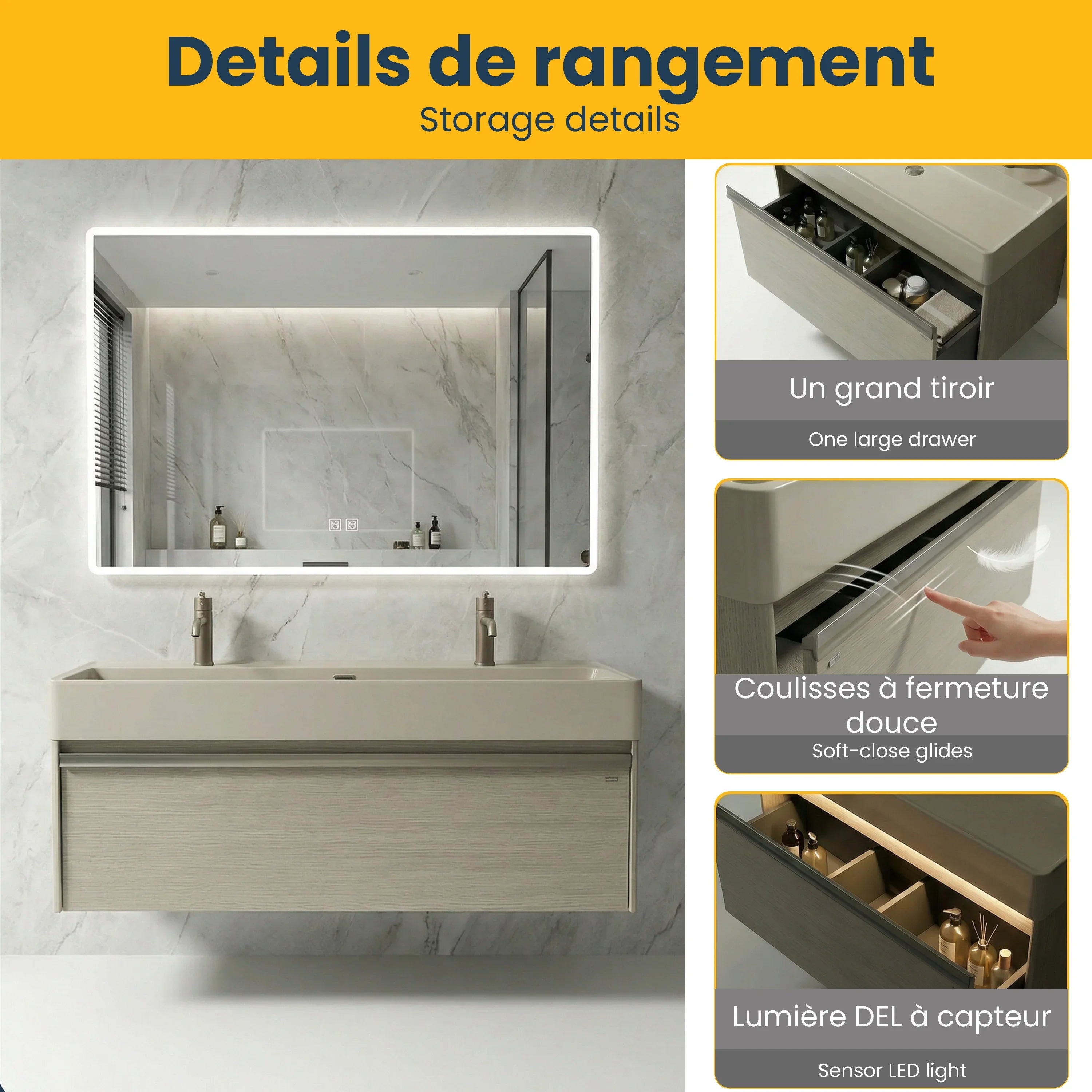 48" Taupe Wall Mount Vanity with Light Taupe Nano Solid Surface Integrated Countertop with Pop-up