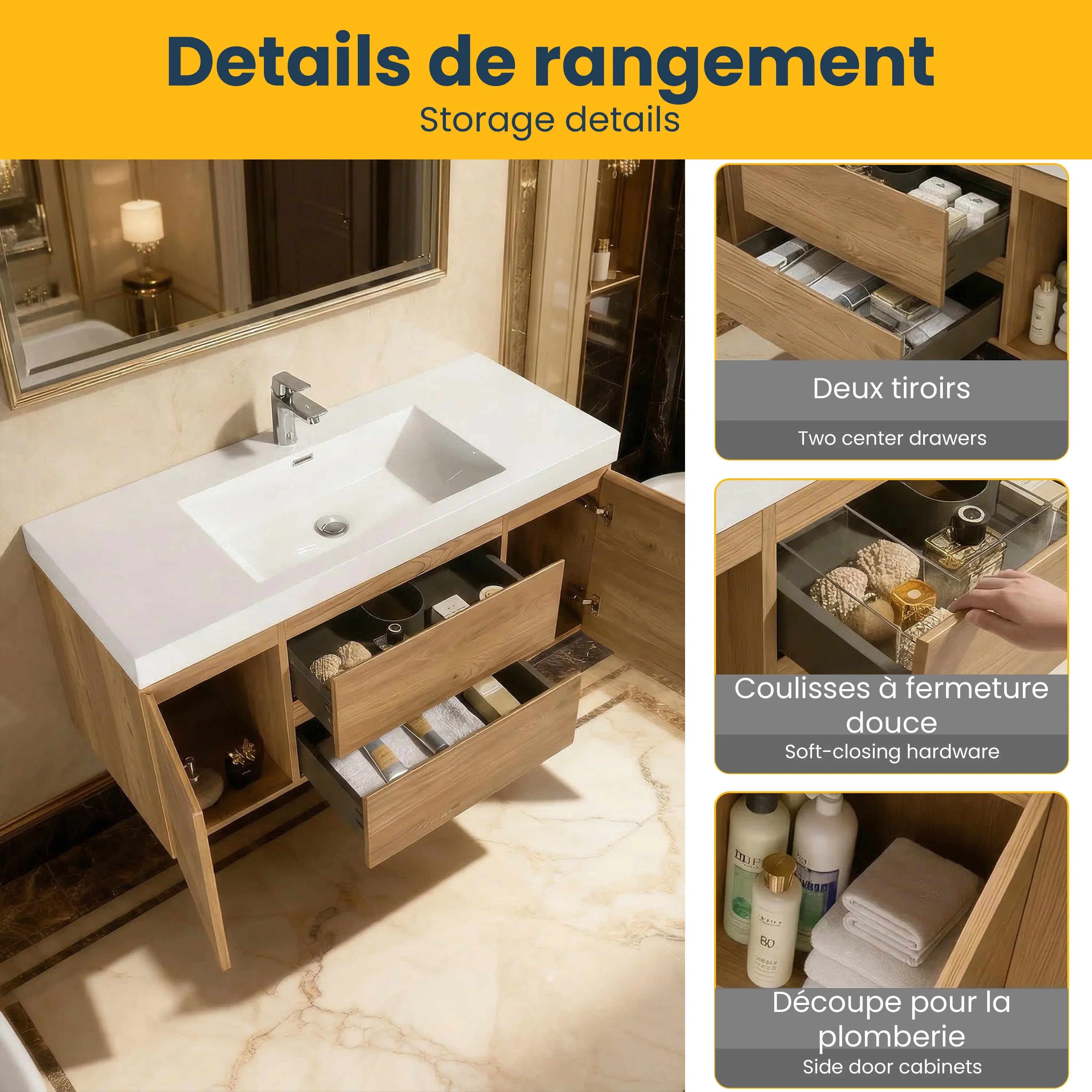 48" Rough Oak Wall Mount Single Sink Bathroom Vanity with White Polymarble Countertop - KD