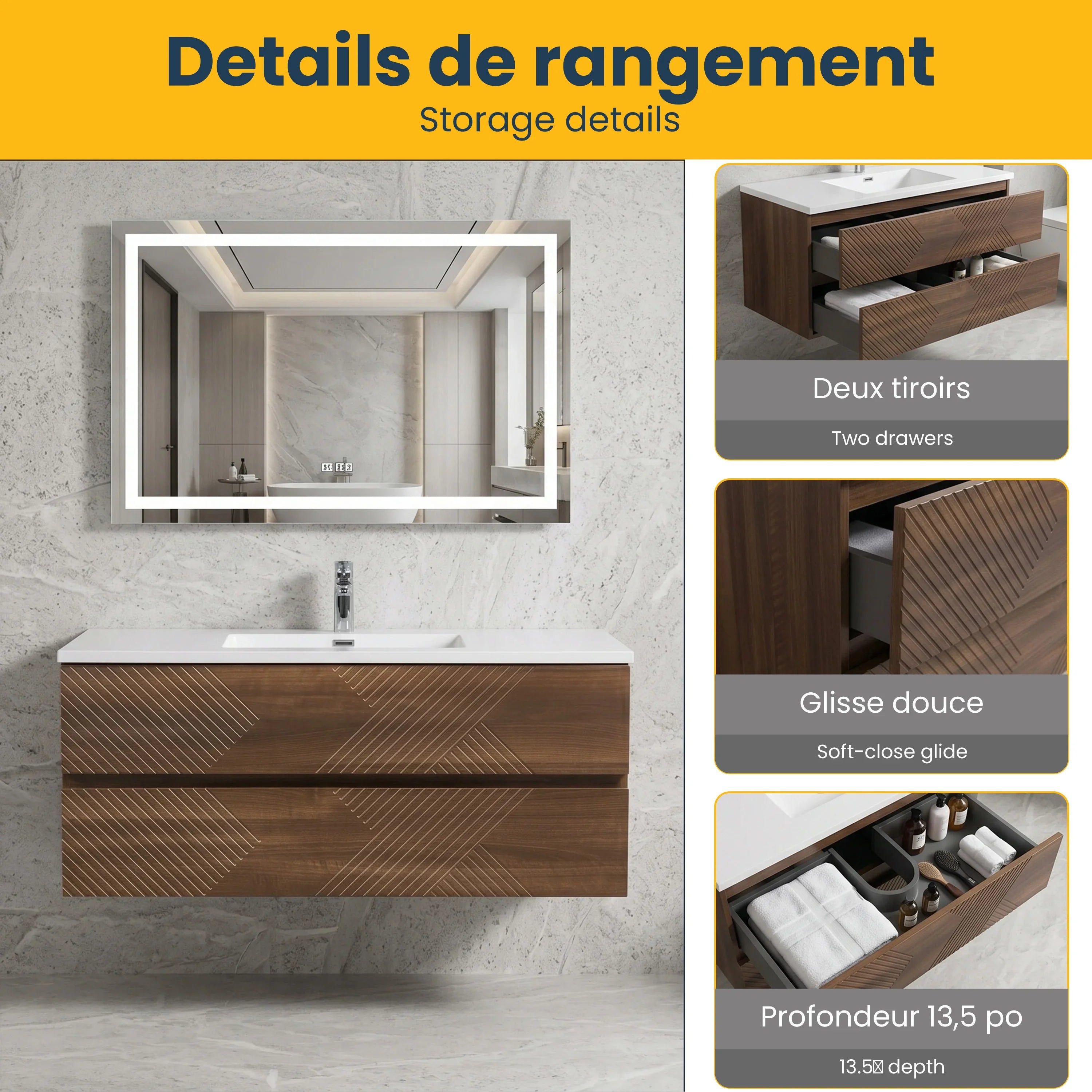 Meuble-Lavabo Mural 48po Noyer avec Comptoir de Polymarbre Blanc