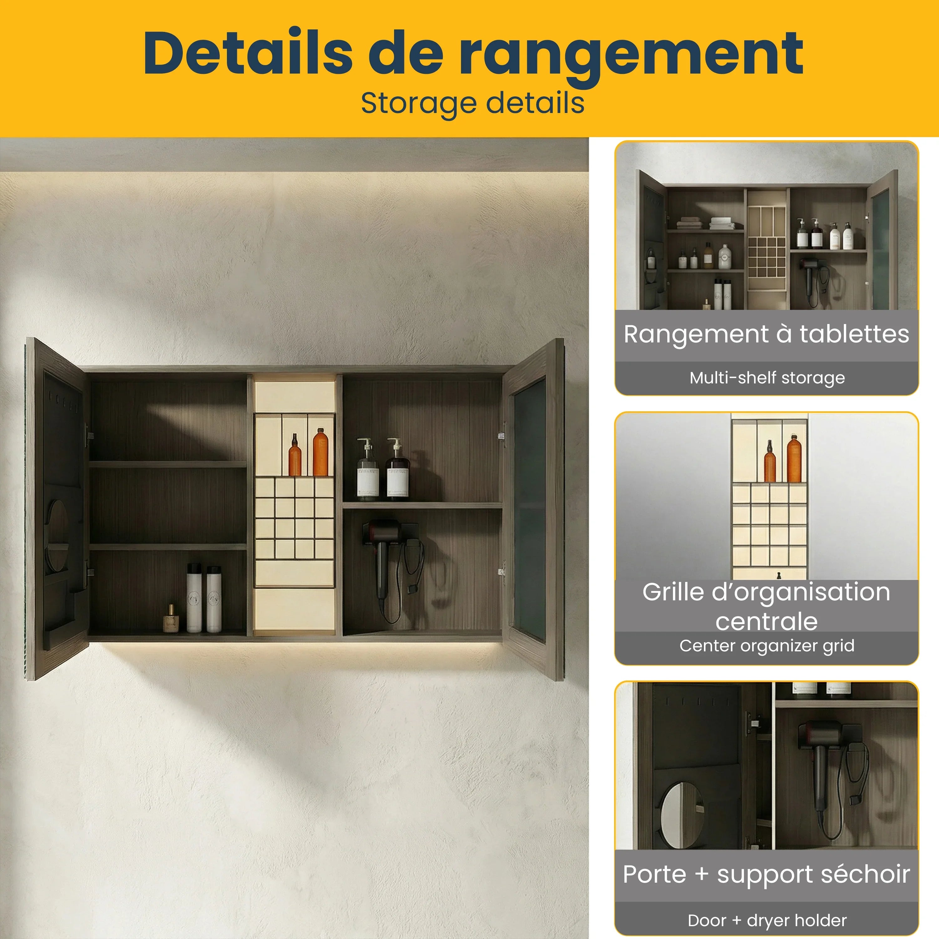 Armoire à Pharmacie DEL Taupe 48po avec Portes à Fermeture Douce