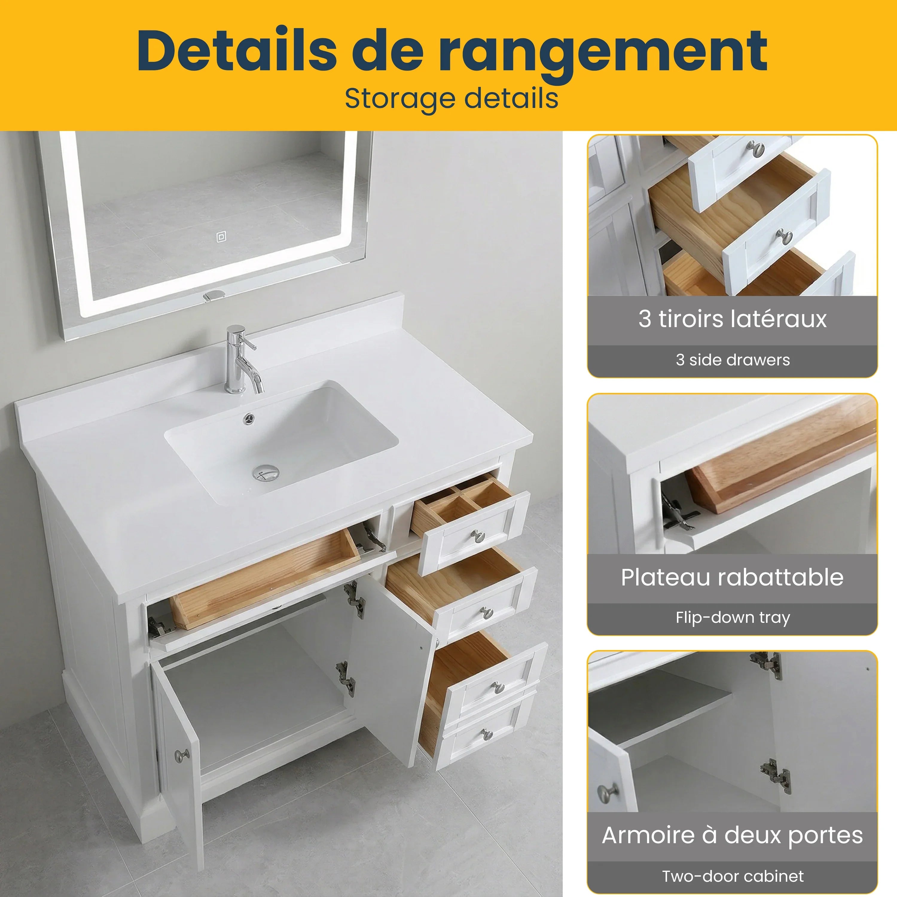 42" White Freestanding Single Sink Bathroom Vanity with Engineered White Marble Countertop