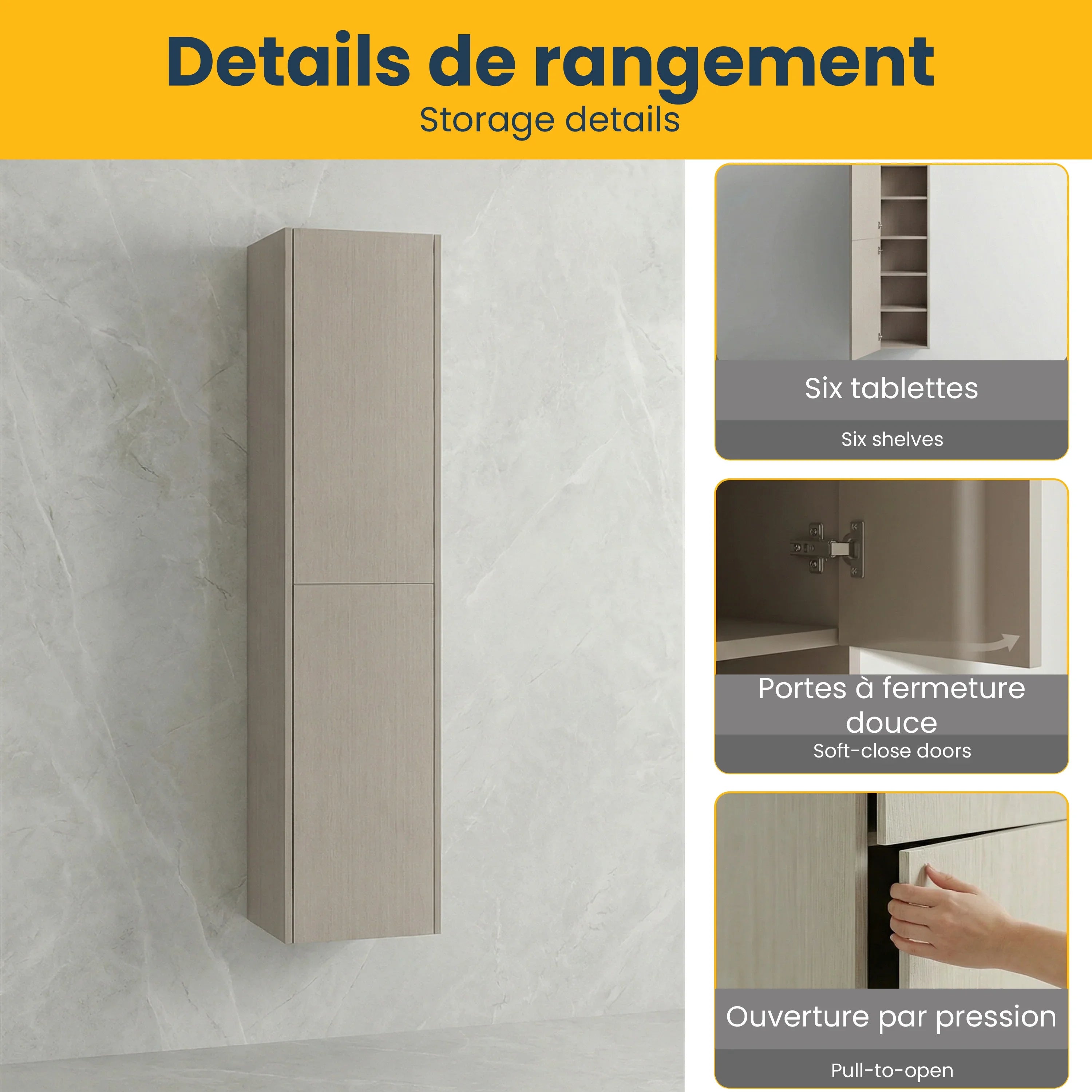 Meuble de rangement mural Hillcrest Taupe à 2 portes avec étagères - Rangement de salle de bain