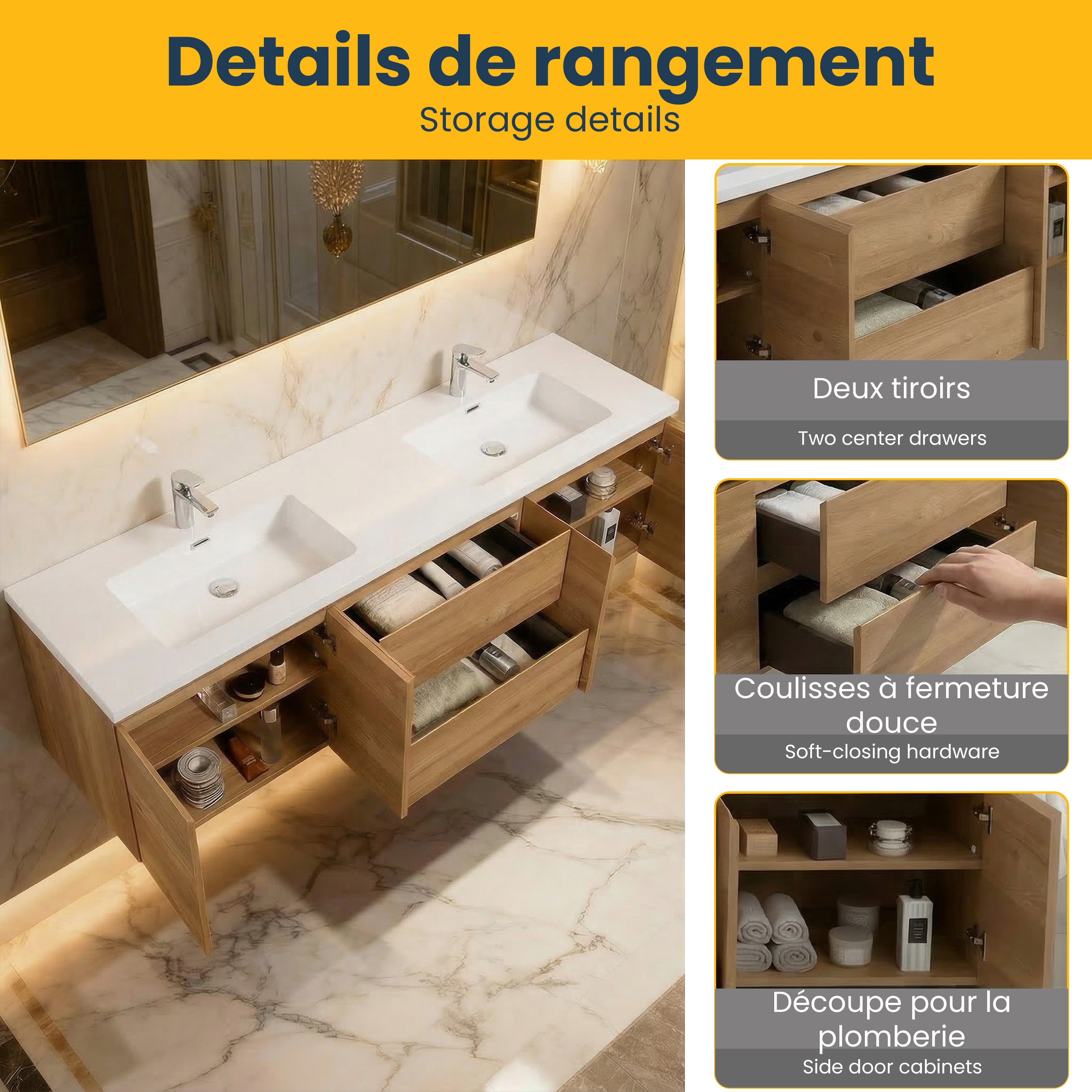 Meuble-Lavabo Mural 72po Chêne Brut avec Comptoir de Polymarbre Blanc
