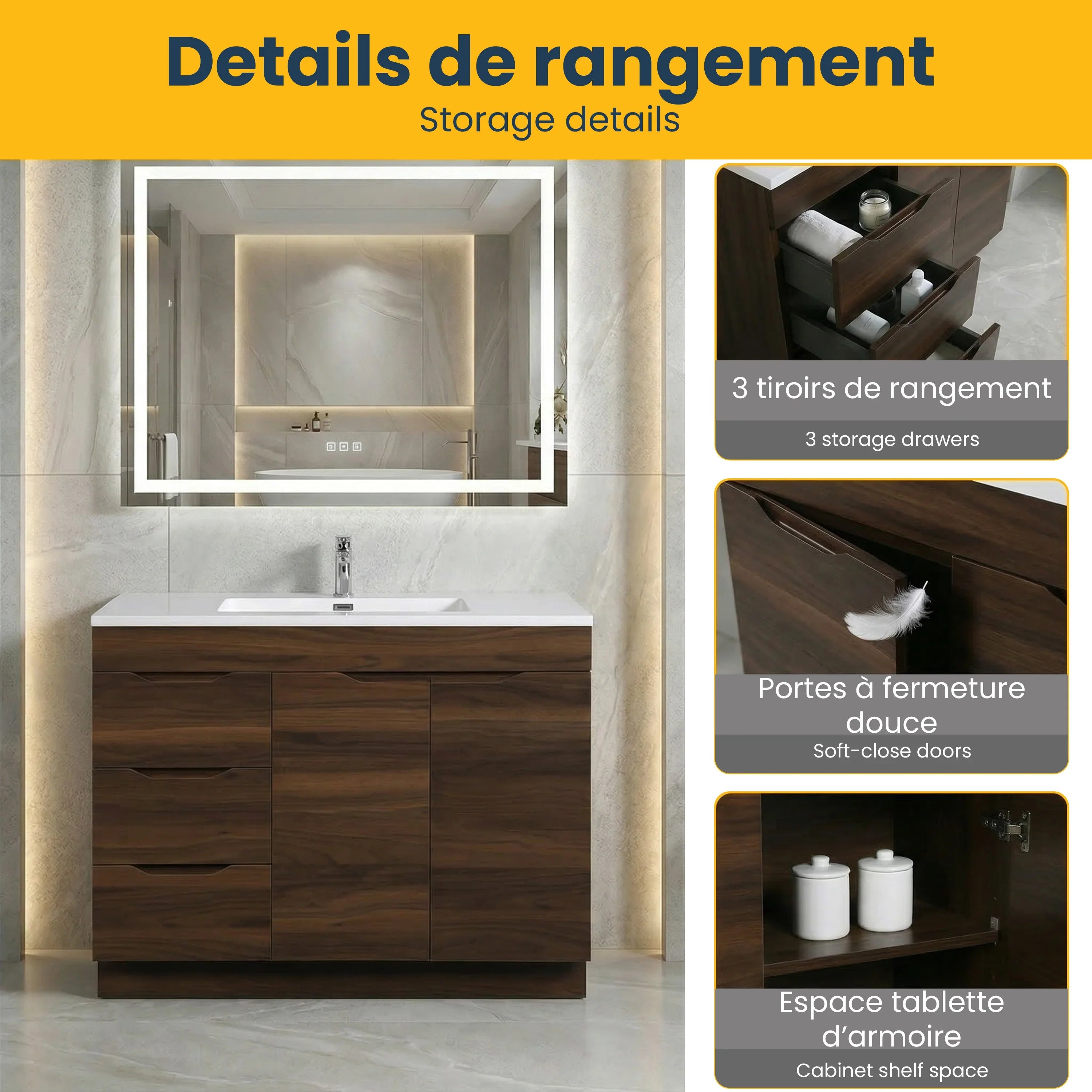 Meuble Lavabo Noyer Autoportant 40 Pouces avec Comptoir Polymarbre - Collection Augusta