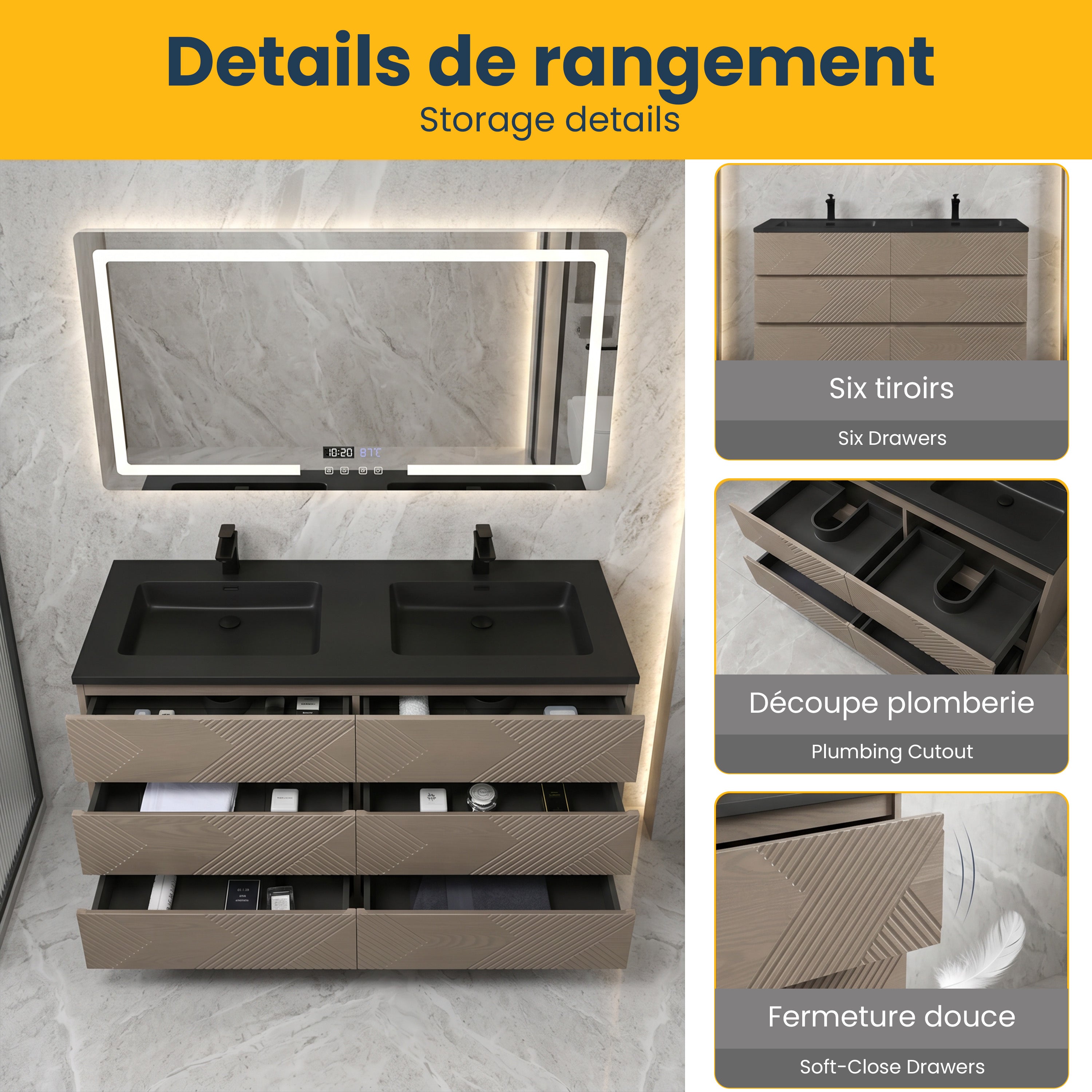 60" Taupe Oak Freestanding Double Sink Vanity with Black Engineered Quartz Countertop