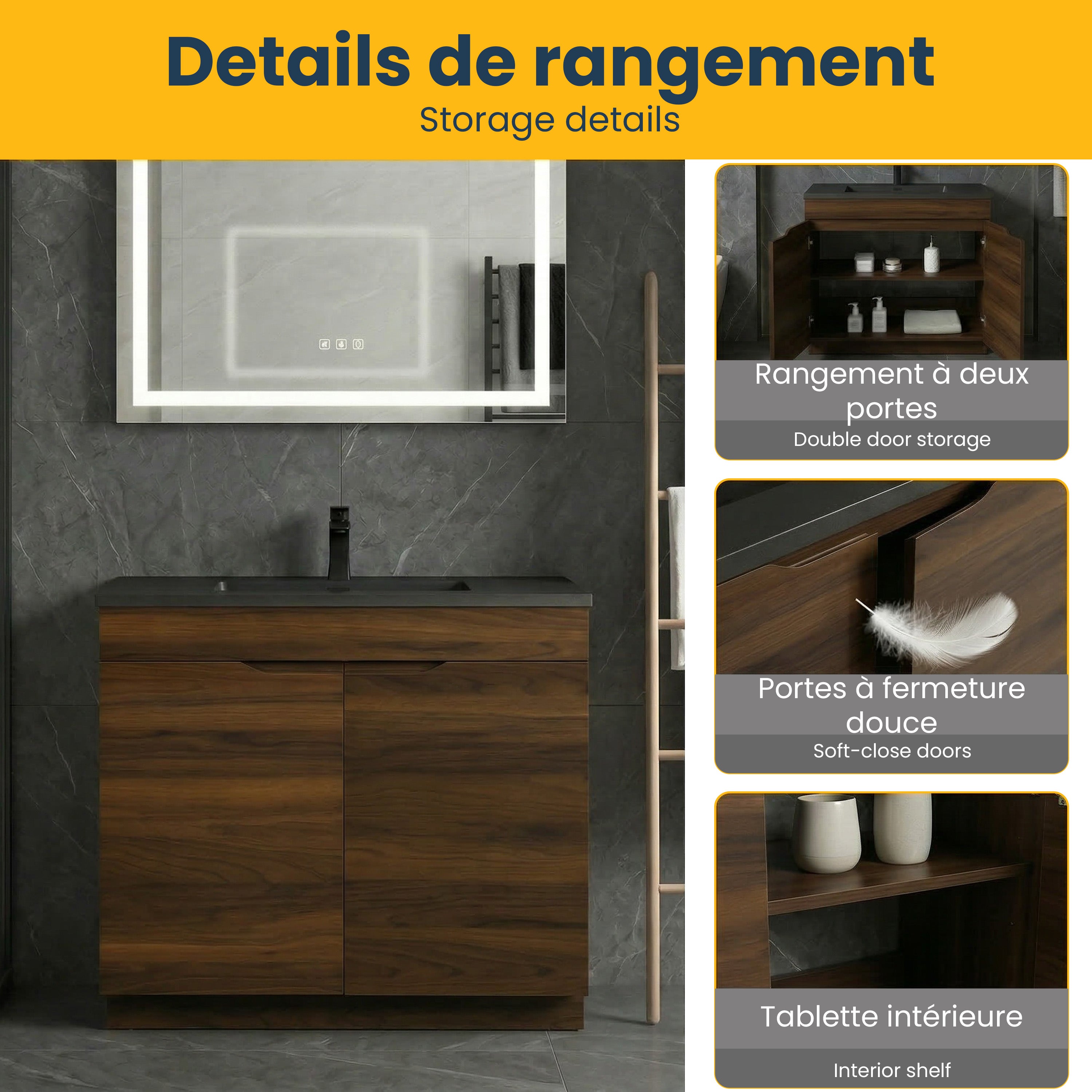 36" Walnut Freestanding Vanity with Black Engineered Quartz Countertop - Augusta Collection