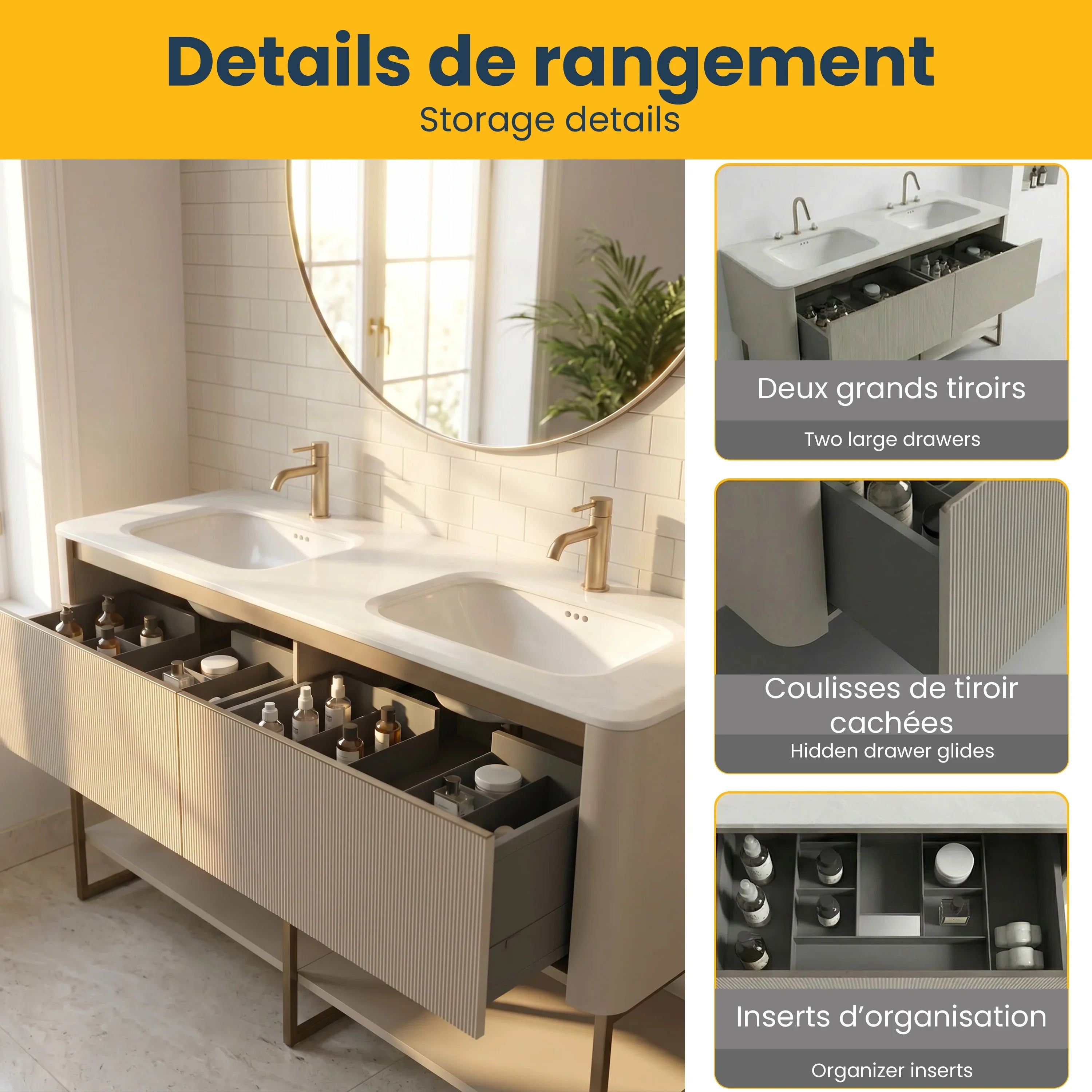 Meuble-lavabo Mural en Latte DEL 63 po avec Comptoir en Marbre Kari Ice Jade et Doubles Lavabos en Céramique et Pop-up, cadre en métal doré brossé et étagères couleur latte.
